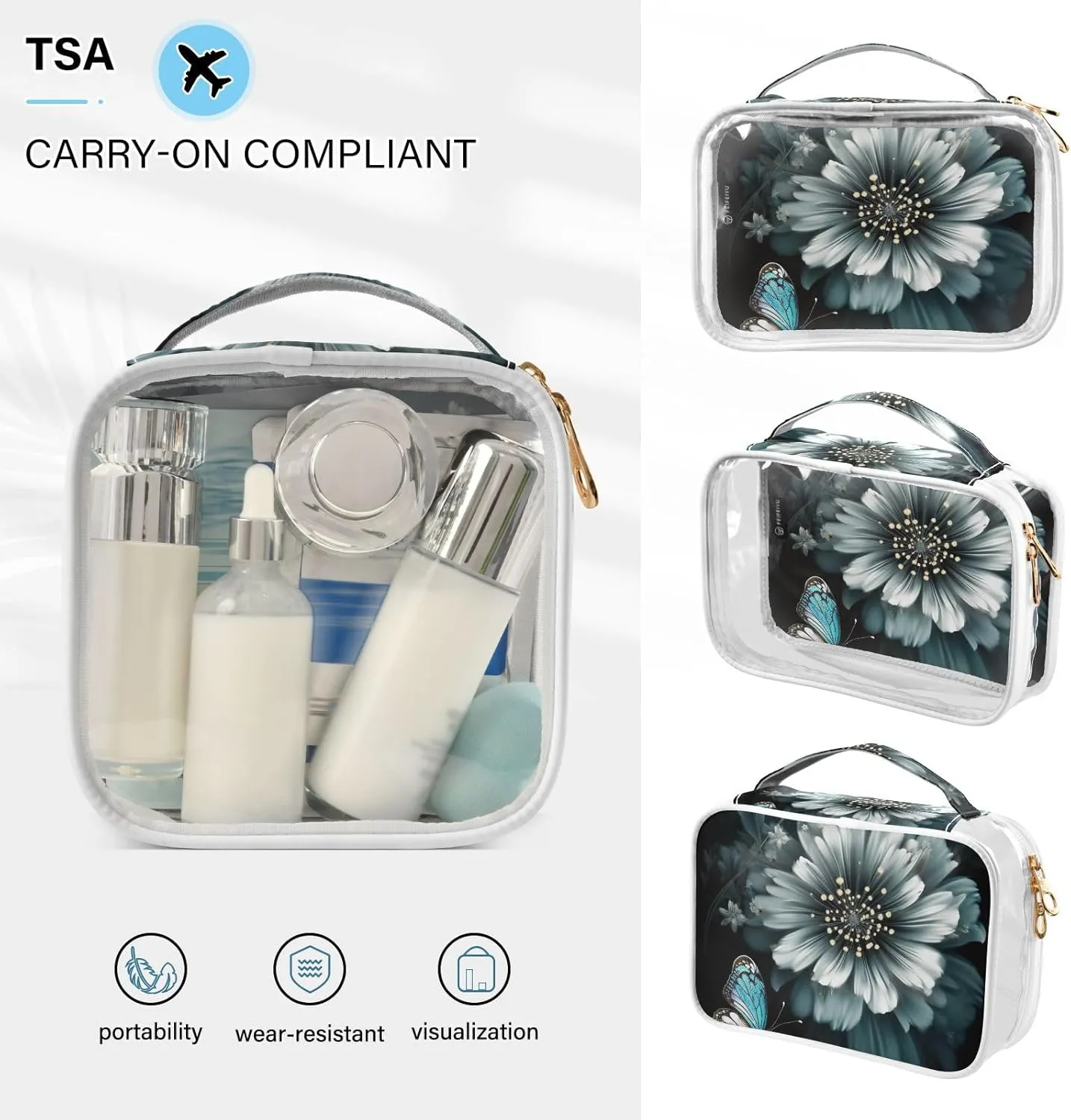 GAIGEO Flower Butterfly 2 Pack Travel Transparent Bag, Clear Makeup Bag with Zipper, Organizer Bag for Travel