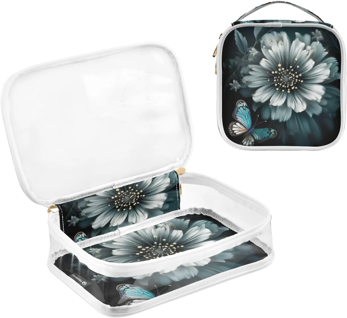 GAIGEO Flower Butterfly 2 Pack Travel Transparent Bag, Clear Makeup Bag with Zipper, Organizer Bag for Travel