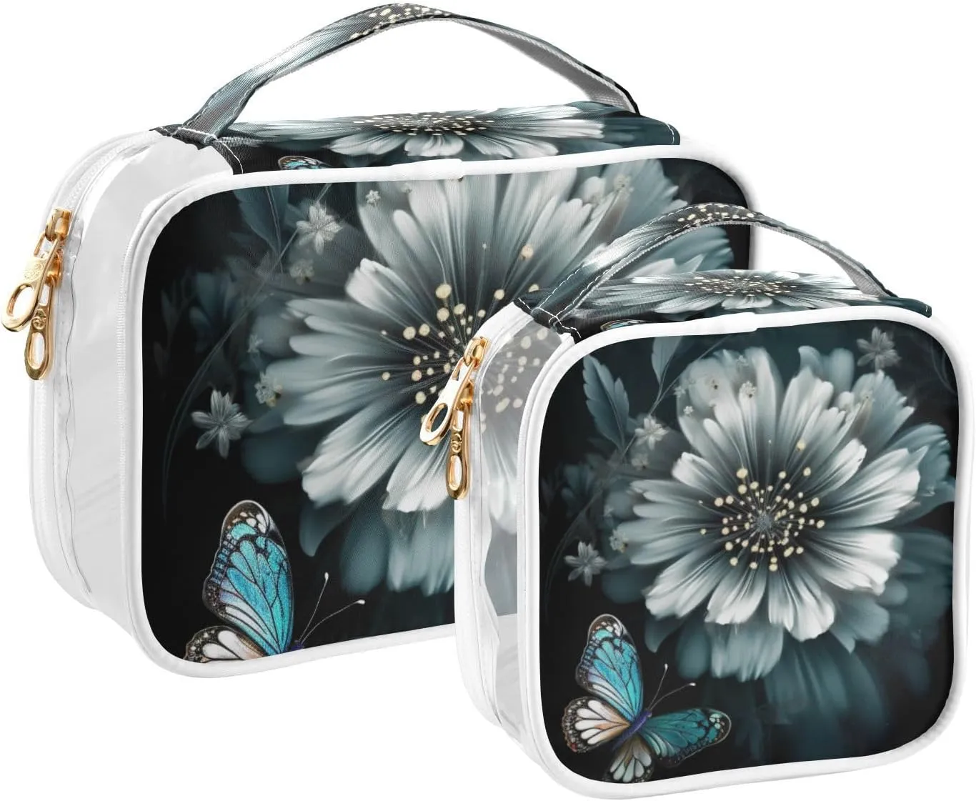 GAIGEO Flower Butterfly 2 Pack Travel Transparent Bag, Clear Makeup Bag with Zipper, Organizer Bag for Travel