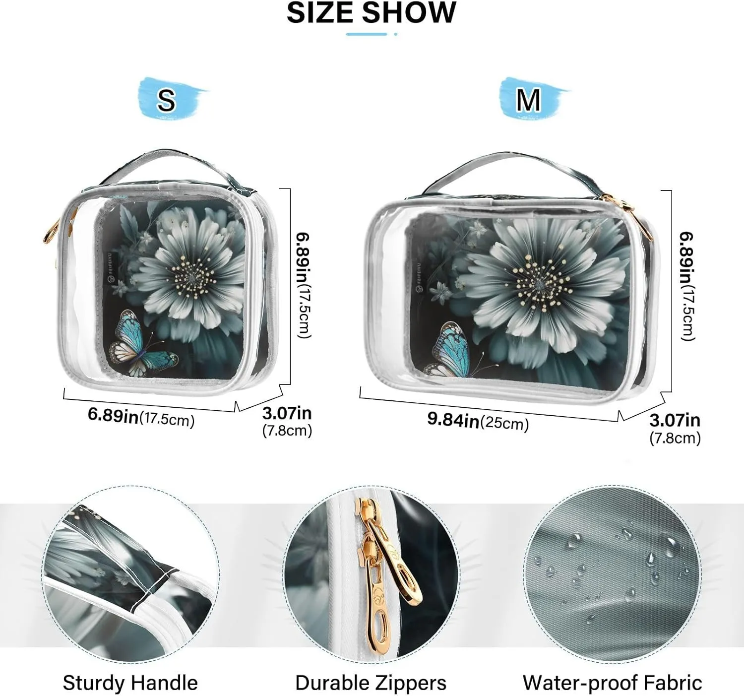 GAIGEO Flower Butterfly 2 Pack Travel Transparent Bag, Clear Makeup Bag with Zipper, Organizer Bag for Travel
