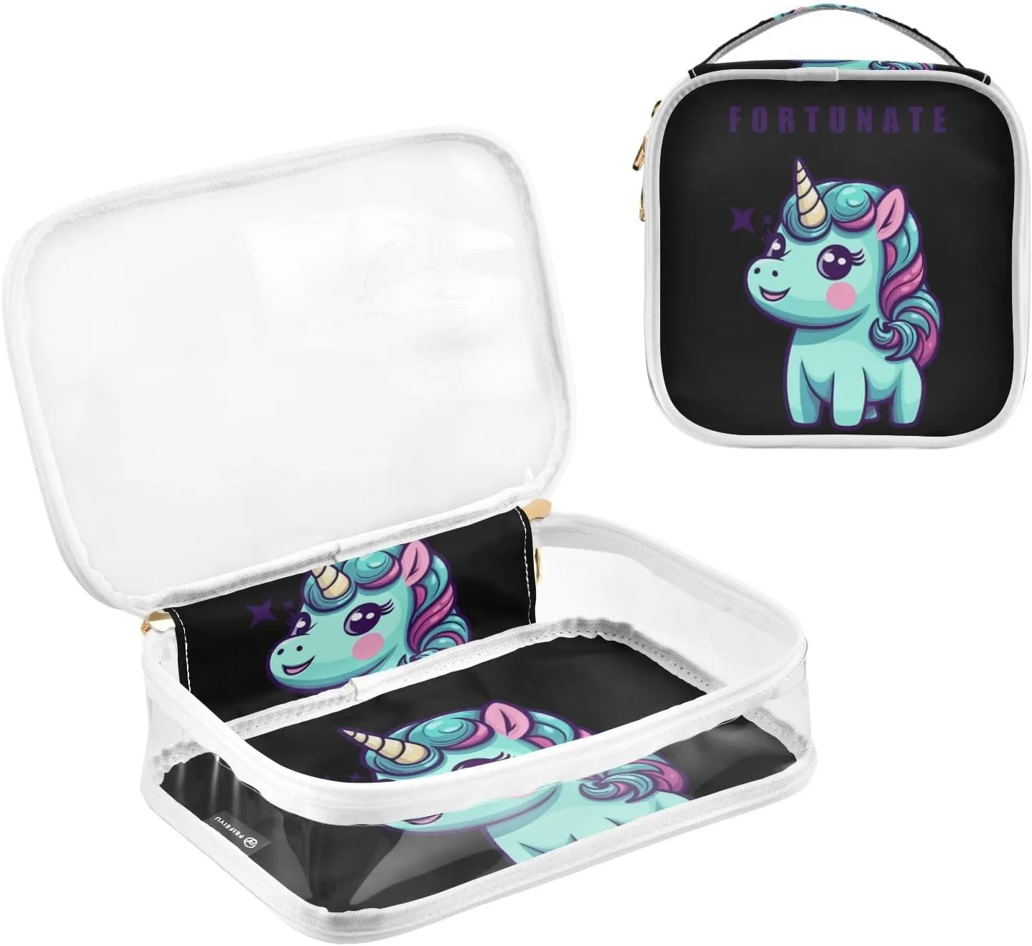 GAIGEO FORTUNATE UNICORN Travel Clear Bag Tsa Approved, Toiletry Bag for Traveling, Waterproof Toiletry Bag for Women, 2 Pack