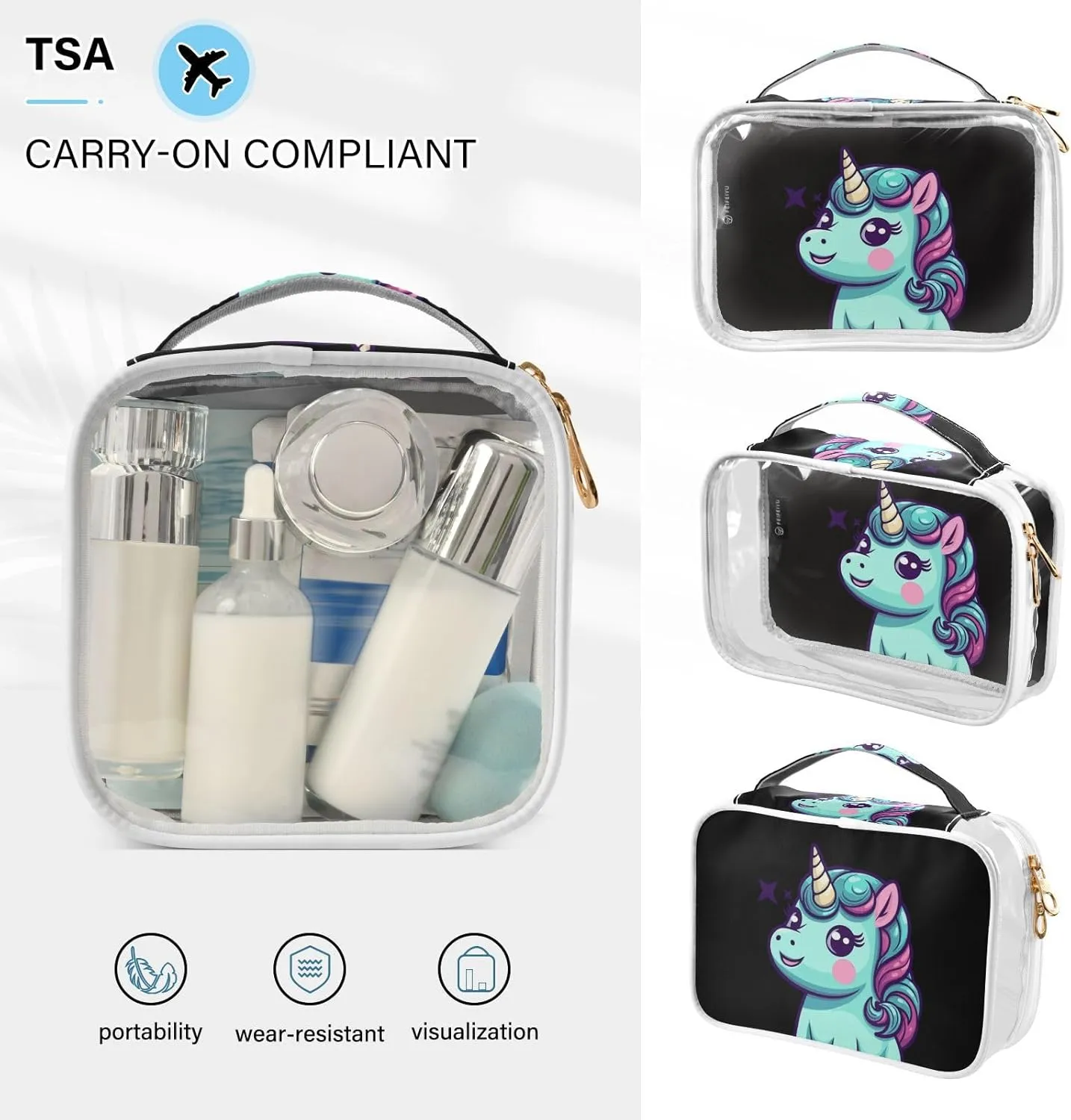 GAIGEO FORTUNATE UNICORN Travel Clear Bag Tsa Approved, Toiletry Bag for Traveling, Waterproof Toiletry Bag for Women, 2 Pack
