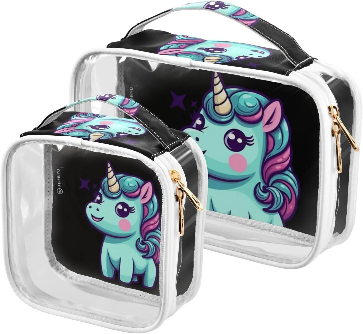 GAIGEO FORTUNATE UNICORN Travel Clear Bag Tsa Approved, Toiletry Bag for Traveling, Waterproof Toiletry Bag for Women, 2 Pack