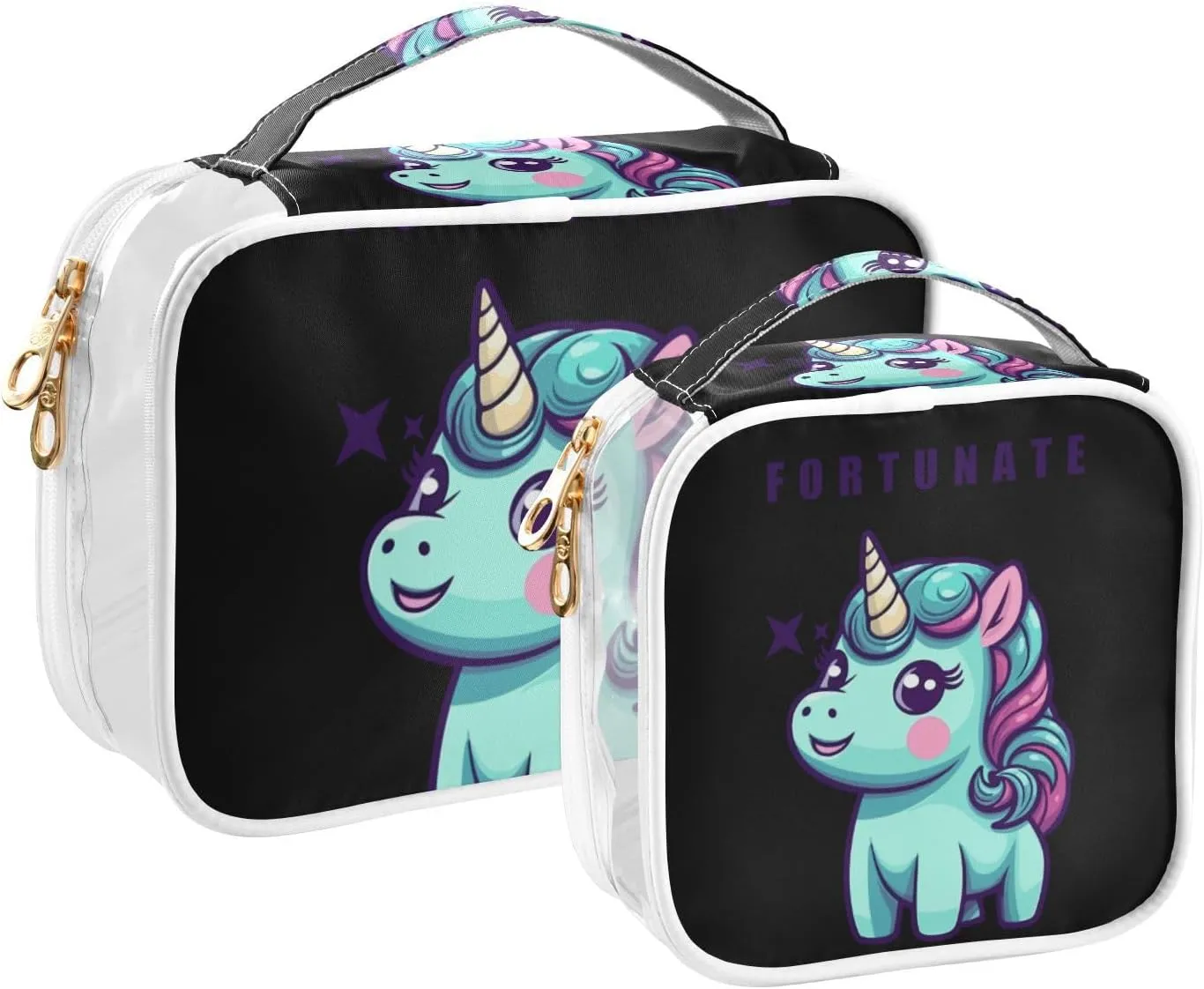 GAIGEO FORTUNATE UNICORN Travel Clear Bag Tsa Approved, Toiletry Bag for Traveling, Waterproof Toiletry Bag for Women, 2 Pack