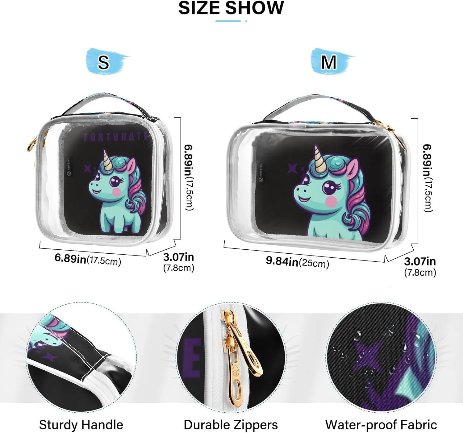 GAIGEO FORTUNATE UNICORN Travel Clear Bag Tsa Approved, Toiletry Bag for Traveling, Waterproof Toiletry Bag for Women, 2 Pack