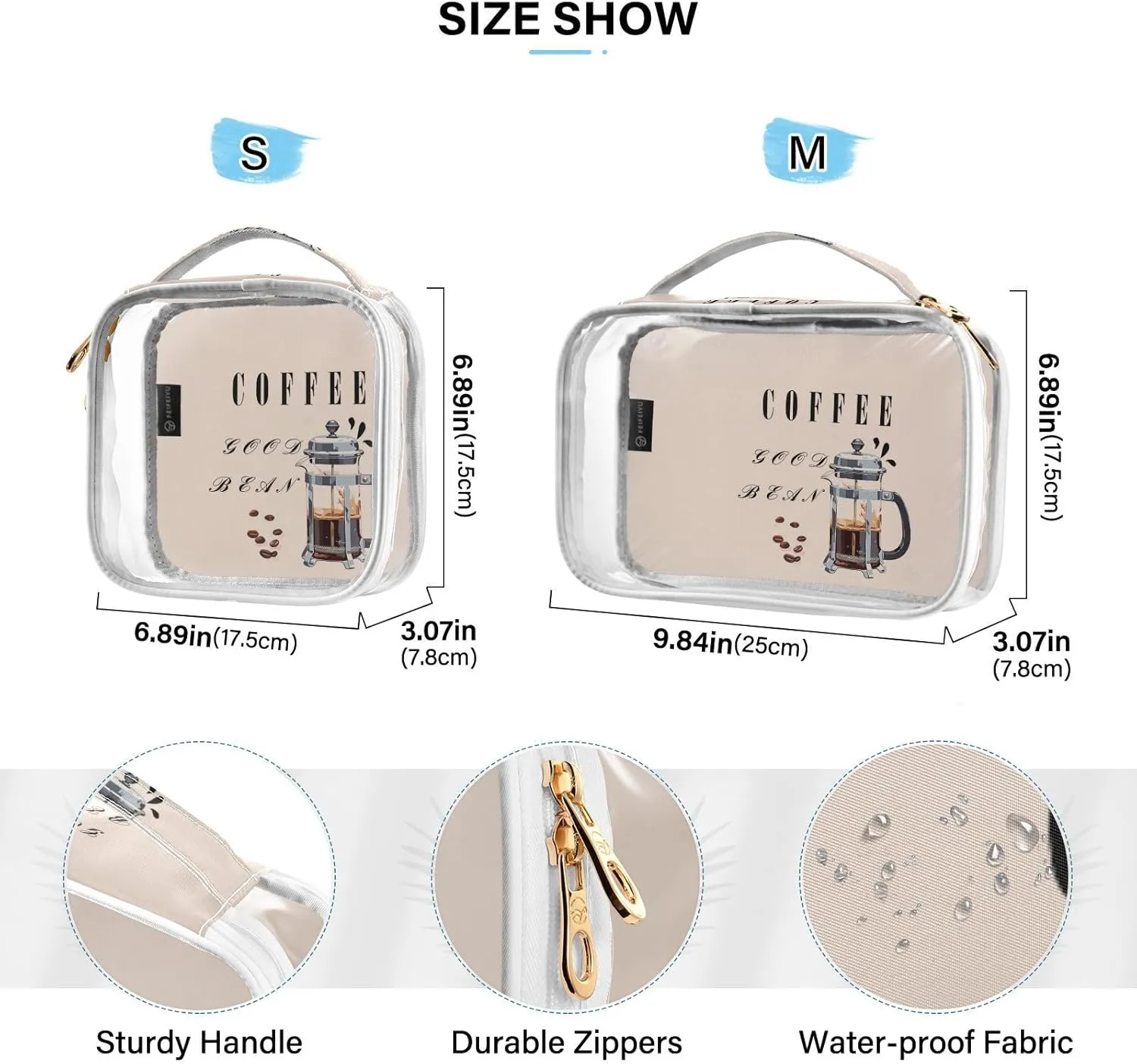 GAIGEO Full of Ennergy Coffe 2 Pack Travel Transparent Bag, Clear Carry on Toiletry Bag, Clear Bags for Travel