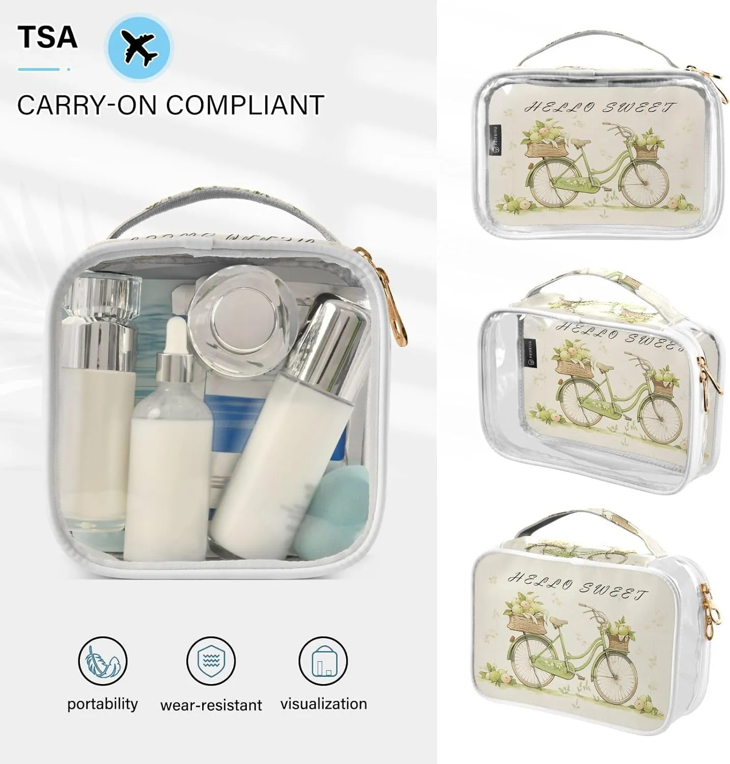 GAIGEO Green Apple Basket Bike Clear Toiletry Bag Set, Clear Plastic Makeup Bag, Clear Toiletry Bag for Women, 2 Pack
