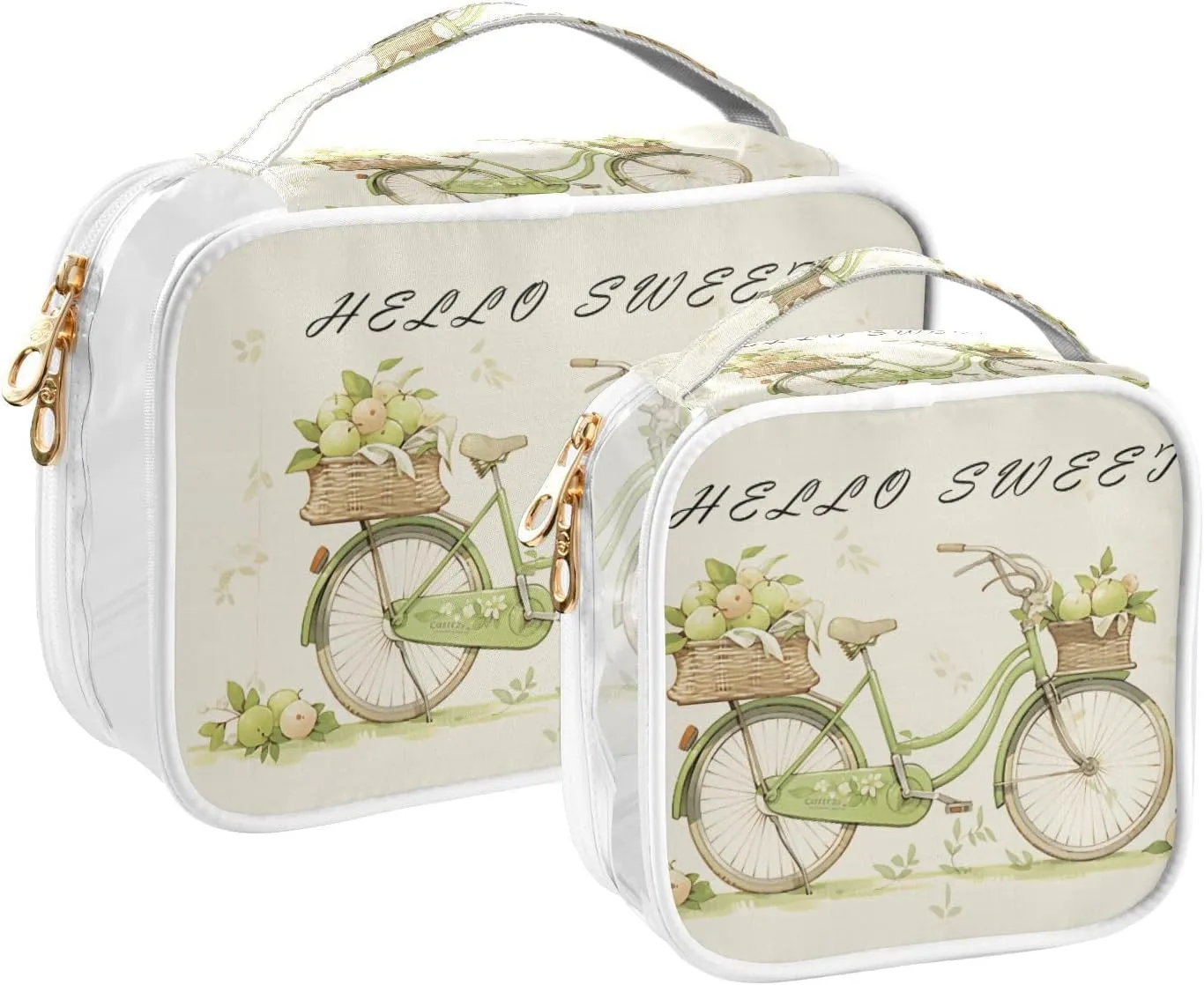 GAIGEO Green Apple Basket Bike Clear Toiletry Bag Set, Clear Plastic Makeup Bag, Clear Toiletry Bag for Women, 2 Pack