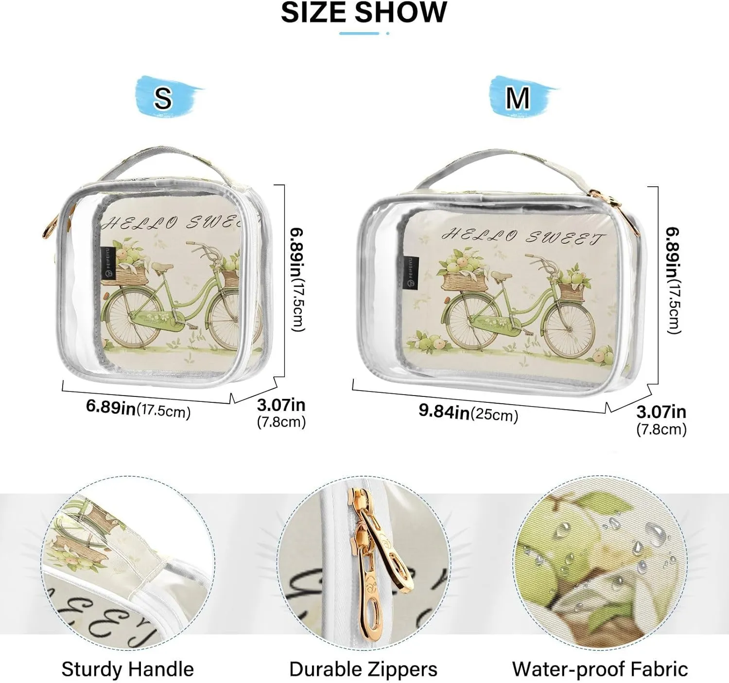 GAIGEO Green Apple Basket Bike Clear Toiletry Bag Set, Clear Plastic Makeup Bag, Clear Toiletry Bag for Women, 2 Pack