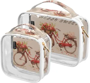 GAIGEO Hello Sweet Red Cherry Bike Clear Cosmetic Bag Set, Tsa Travel Toiletry Bag, Cosmetic Travel Accessories, 2 Pack