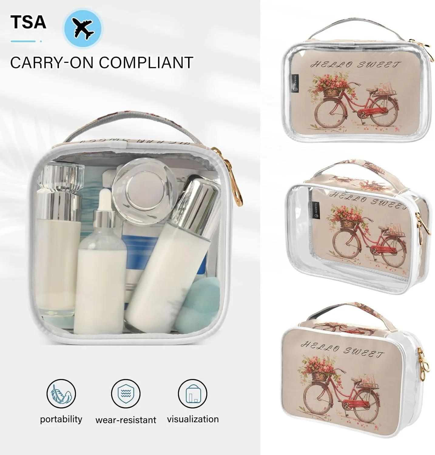 GAIGEO Hello Sweet Red Cherry Bike Clear Cosmetic Bag Set, Tsa Travel Toiletry Bag, Cosmetic Travel Accessories, 2 Pack