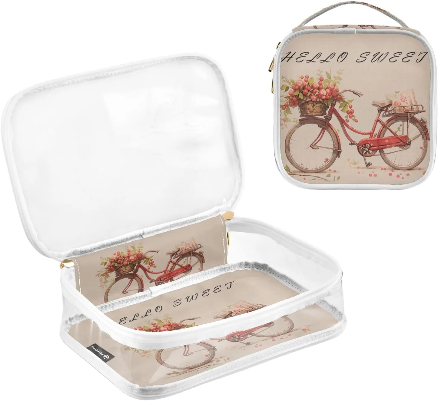 GAIGEO Hello Sweet Red Cherry Bike Clear Cosmetic Bag Set, Tsa Travel Toiletry Bag, Cosmetic Travel Accessories, 2 Pack