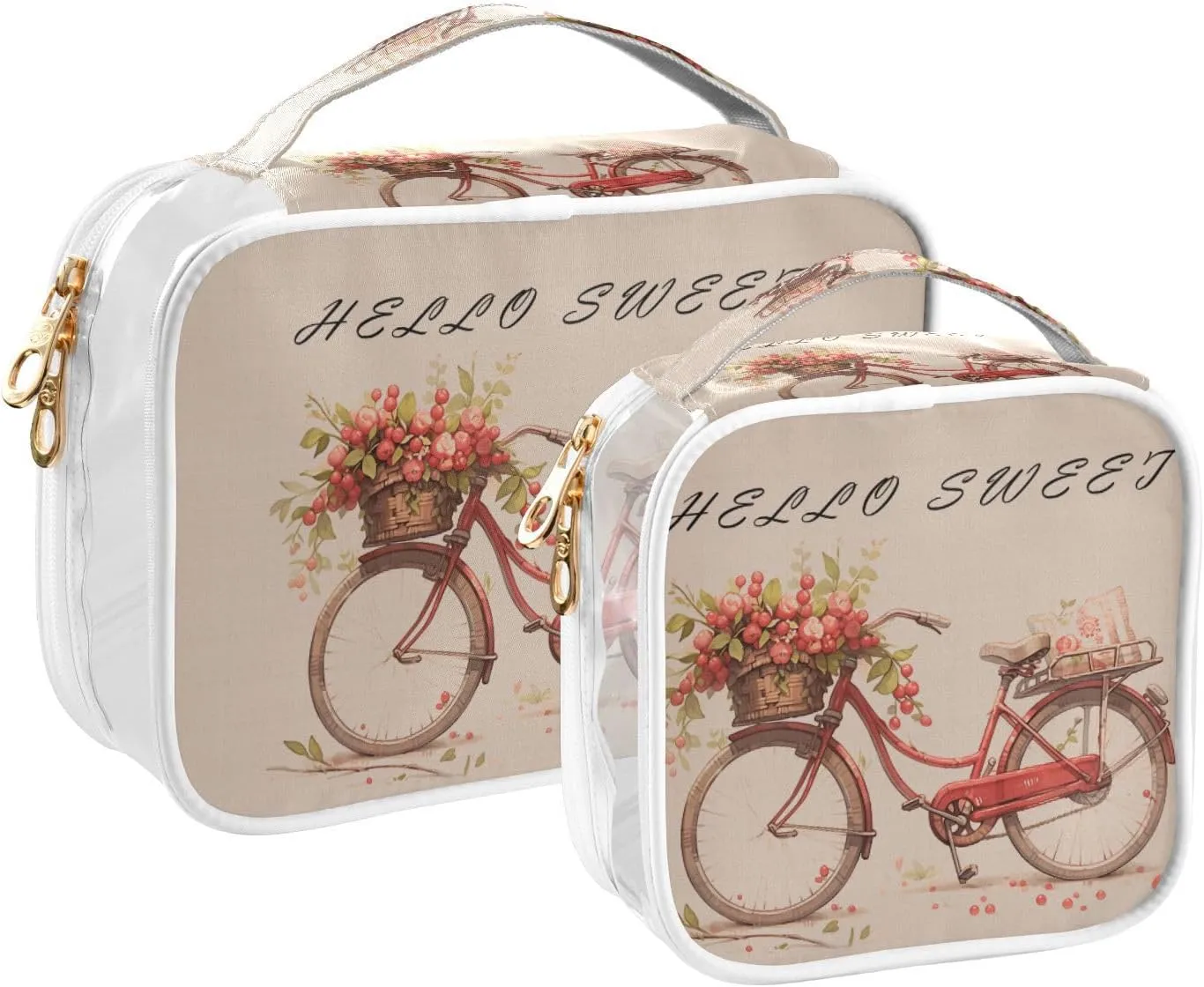 GAIGEO Hello Sweet Red Cherry Bike Clear Cosmetic Bag Set, Tsa Travel Toiletry Bag, Cosmetic Travel Accessories, 2 Pack