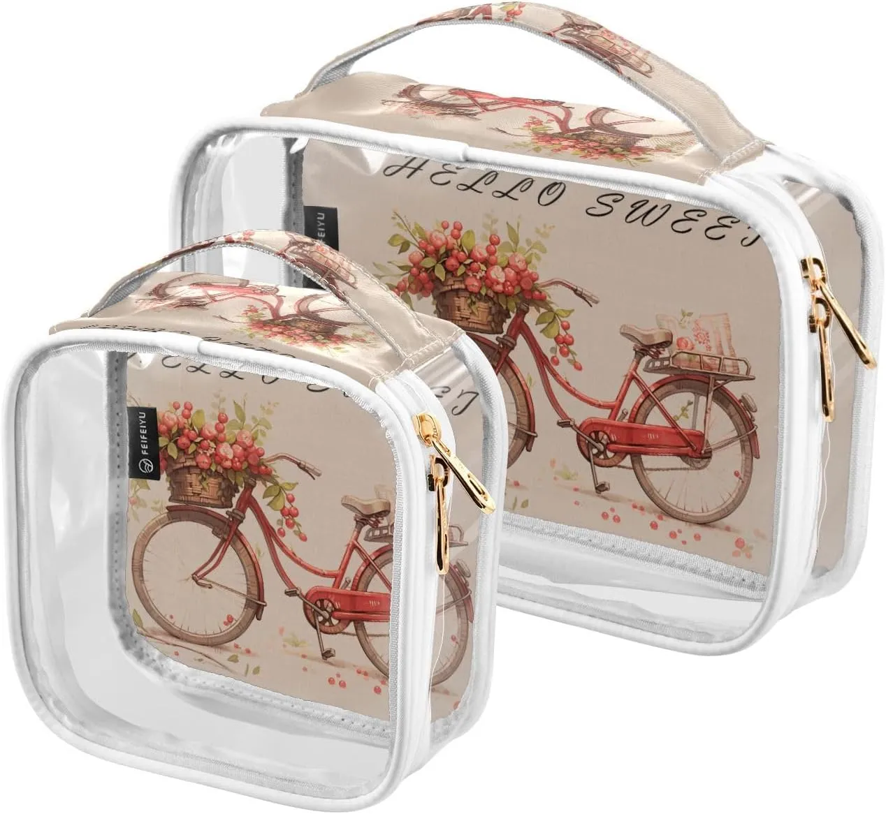 GAIGEO Hello Sweet Red Cherry Bike Clear Cosmetic Bag Set, Tsa Travel Toiletry Bag, Cosmetic Travel Accessories, 2 Pack