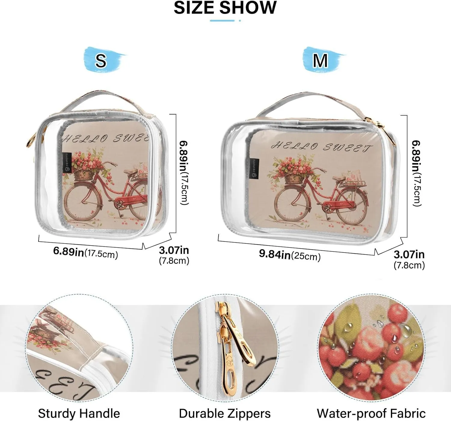 GAIGEO Hello Sweet Red Cherry Bike Clear Cosmetic Bag Set, Tsa Travel Toiletry Bag, Cosmetic Travel Accessories, 2 Pack