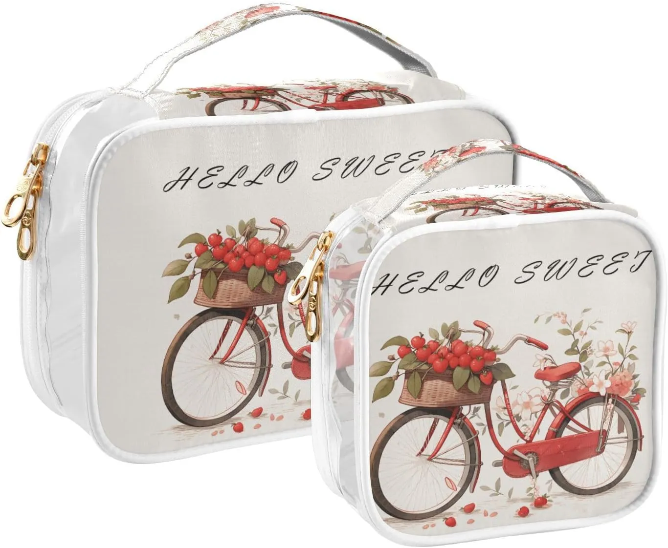 GAIGEO Hello Sweet Red Cherry Flower Travel Organizer Toiletries and Cosmetic Bag, Clear Travel Bags for Air Travel, Womens Toiletries Bag, 2 Pack