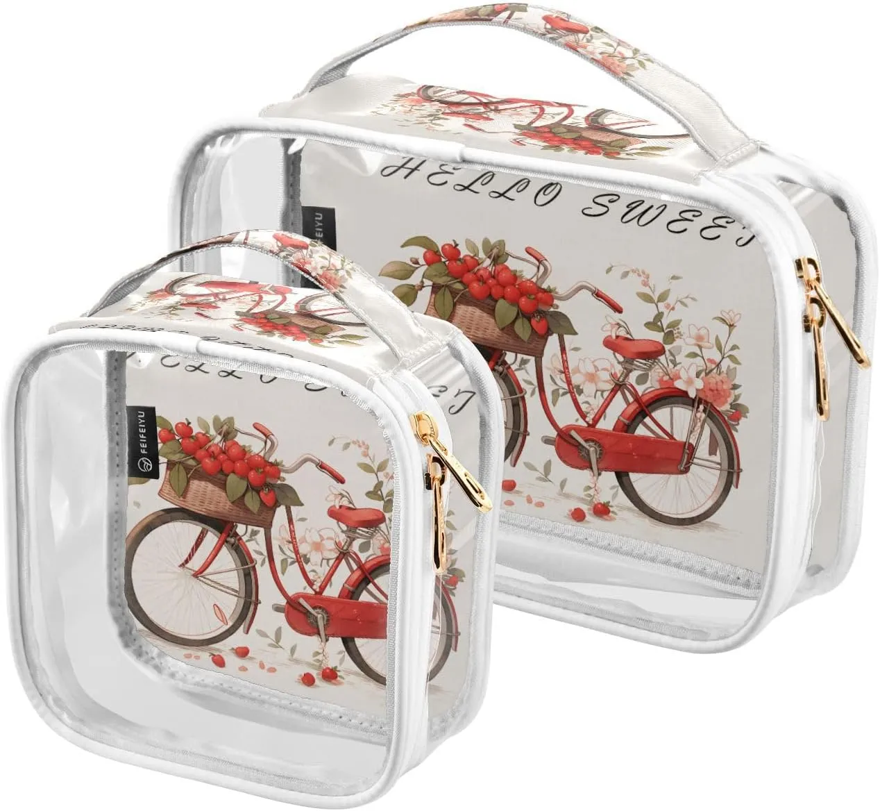 GAIGEO Hello Sweet Red Cherry Flower Travel Organizer Toiletries and Cosmetic Bag, Clear Travel Bags for Air Travel, Womens Toiletries Bag, 2 Pack