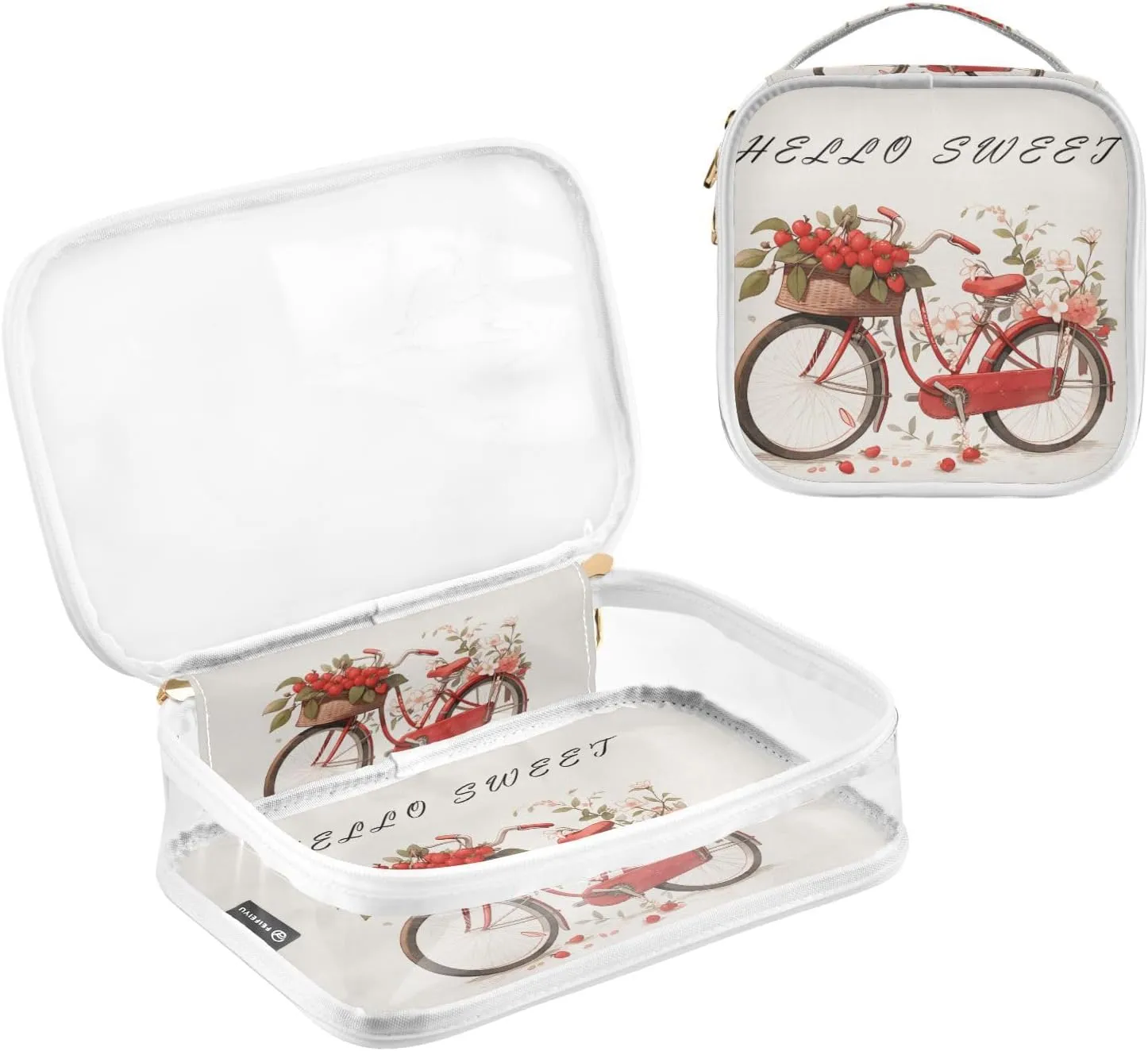 GAIGEO Hello Sweet Red Cherry Flower Travel Organizer Toiletries and Cosmetic Bag, Clear Travel Bags for Air Travel, Womens Toiletries Bag, 2 Pack