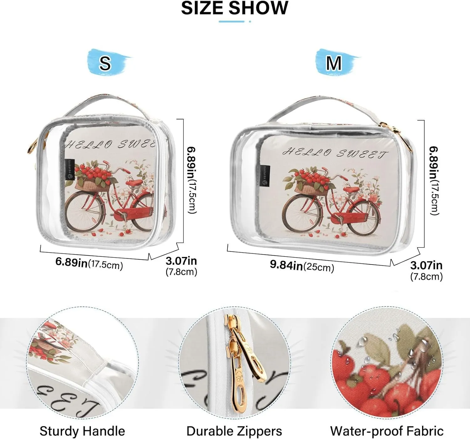 GAIGEO Hello Sweet Red Cherry Flower Travel Organizer Toiletries and Cosmetic Bag, Clear Travel Bags for Air Travel, Womens Toiletries Bag, 2 Pack