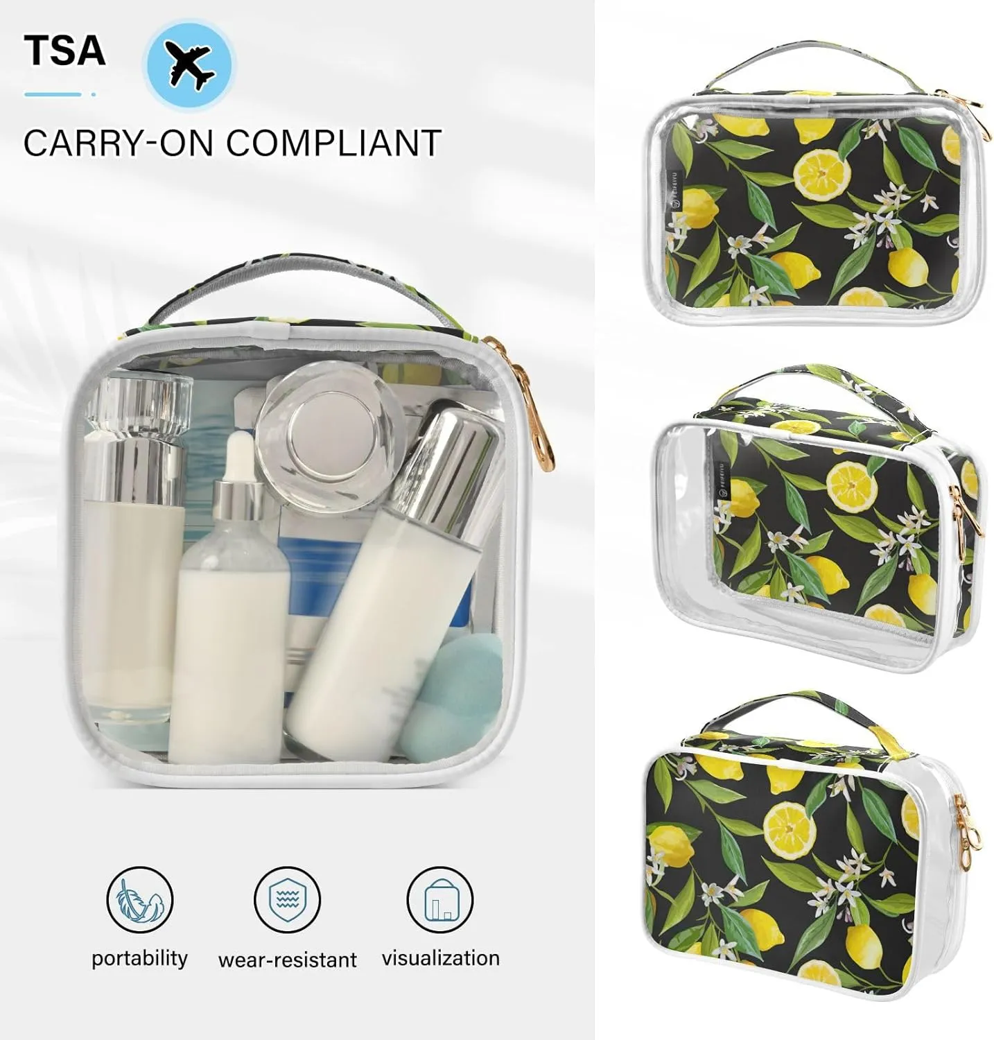 GAIGEO Lemon With Flower Travel Transparent Bag, Liquids Travel Bag, Cosmetic Travel Accessories, 2 Pack