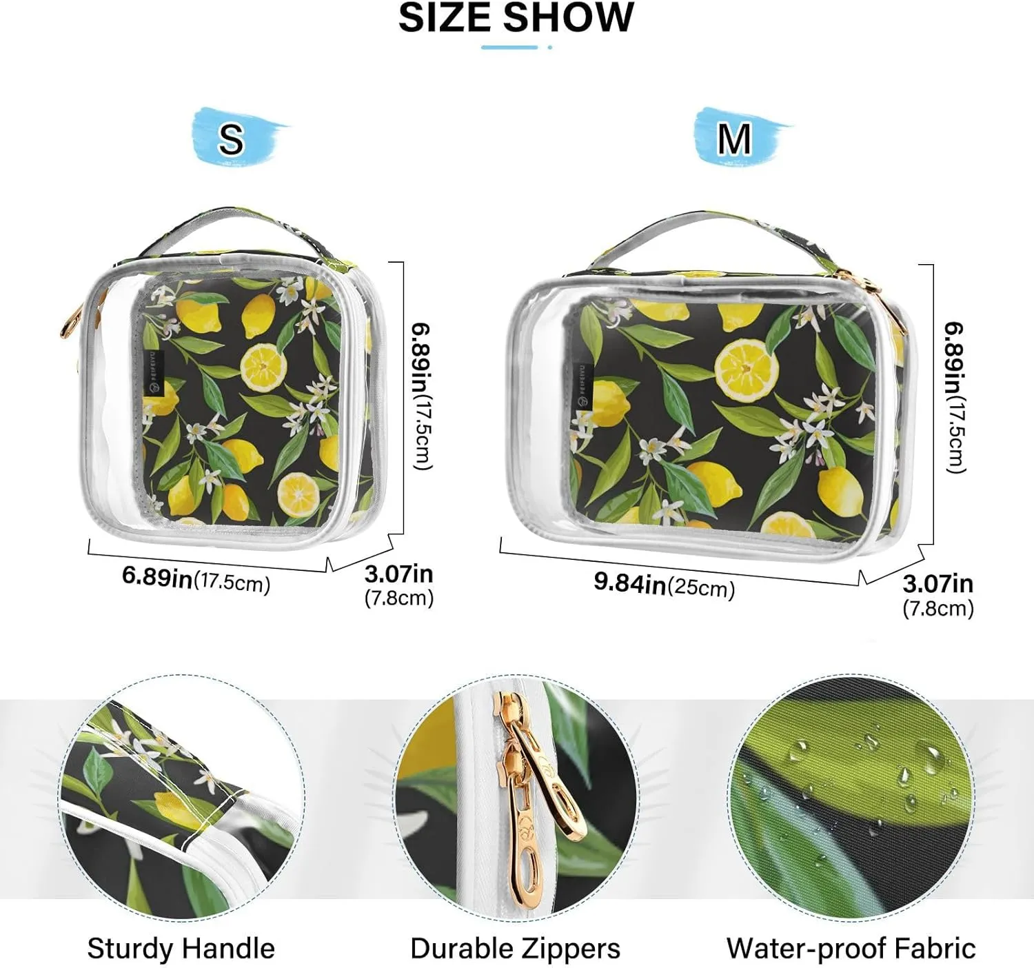 GAIGEO Lemon With Flower Travel Transparent Bag, Liquids Travel Bag, Cosmetic Travel Accessories, 2 Pack