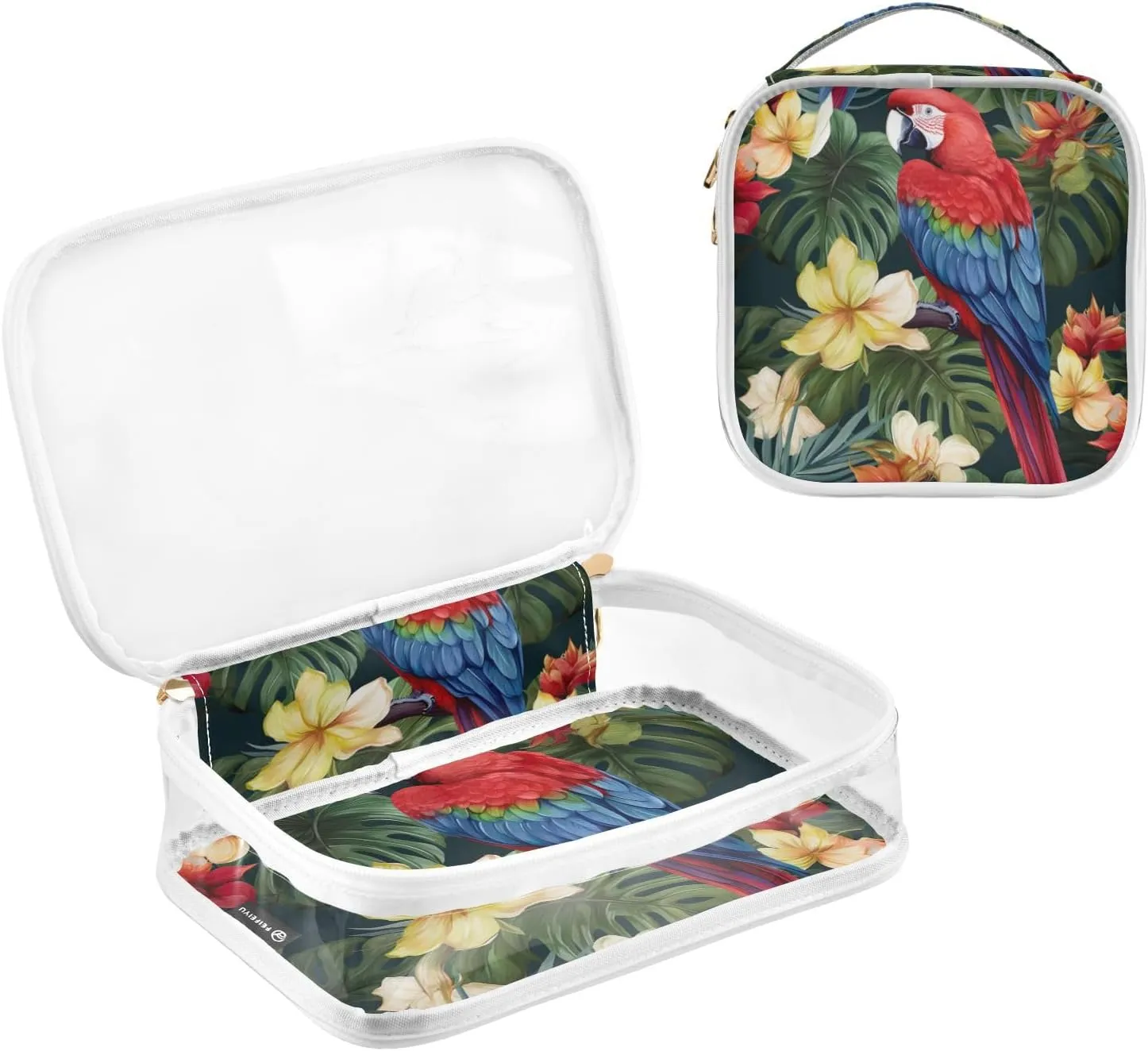 GAIGEO Macaws and Birds Tropical Flowers Clear Makeup Bag Set, Tsa Approved Travel Toiletry Bag, Cosmetic Travel Accessories, 2 Pack