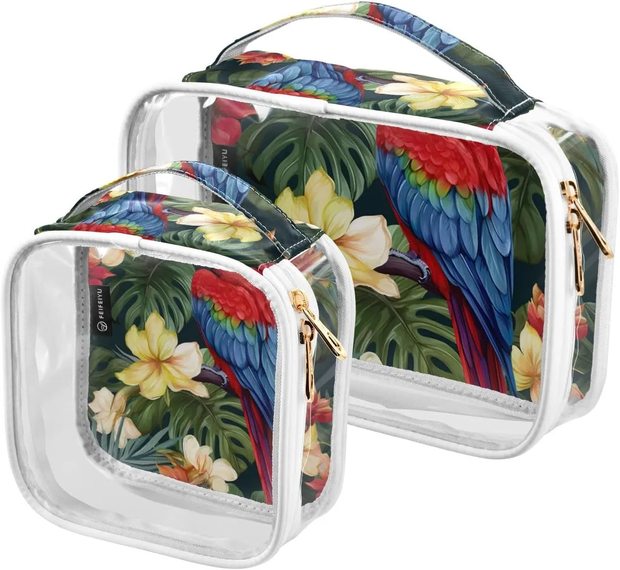 GAIGEO Macaws and Birds Tropical Flowers Clear Makeup Bag Set, Tsa Approved Travel Toiletry Bag, Cosmetic Travel Accessories, 2 Pack