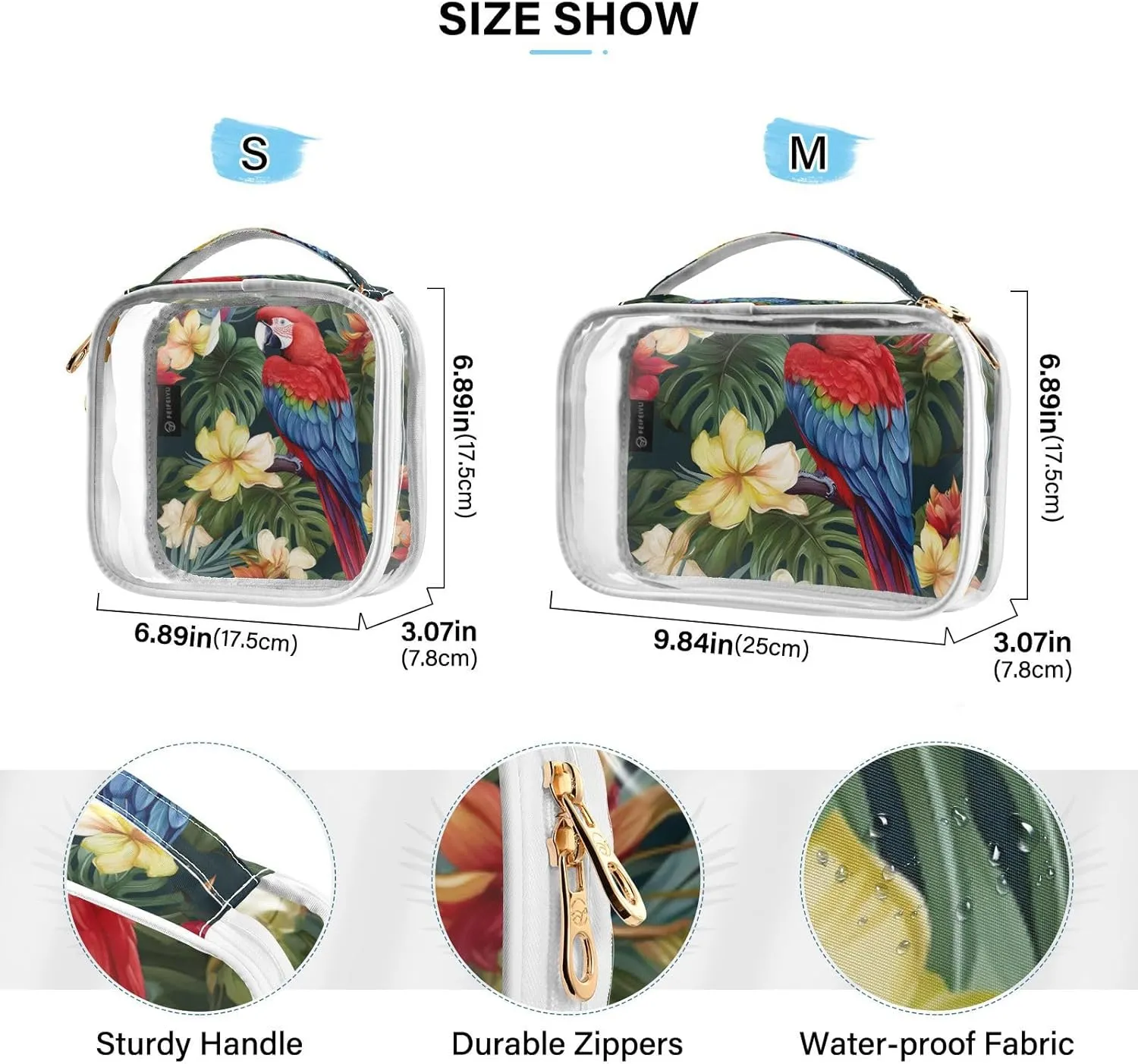 GAIGEO Macaws and Birds Tropical Flowers Clear Makeup Bag Set, Tsa Approved Travel Toiletry Bag, Cosmetic Travel Accessories, 2 Pack