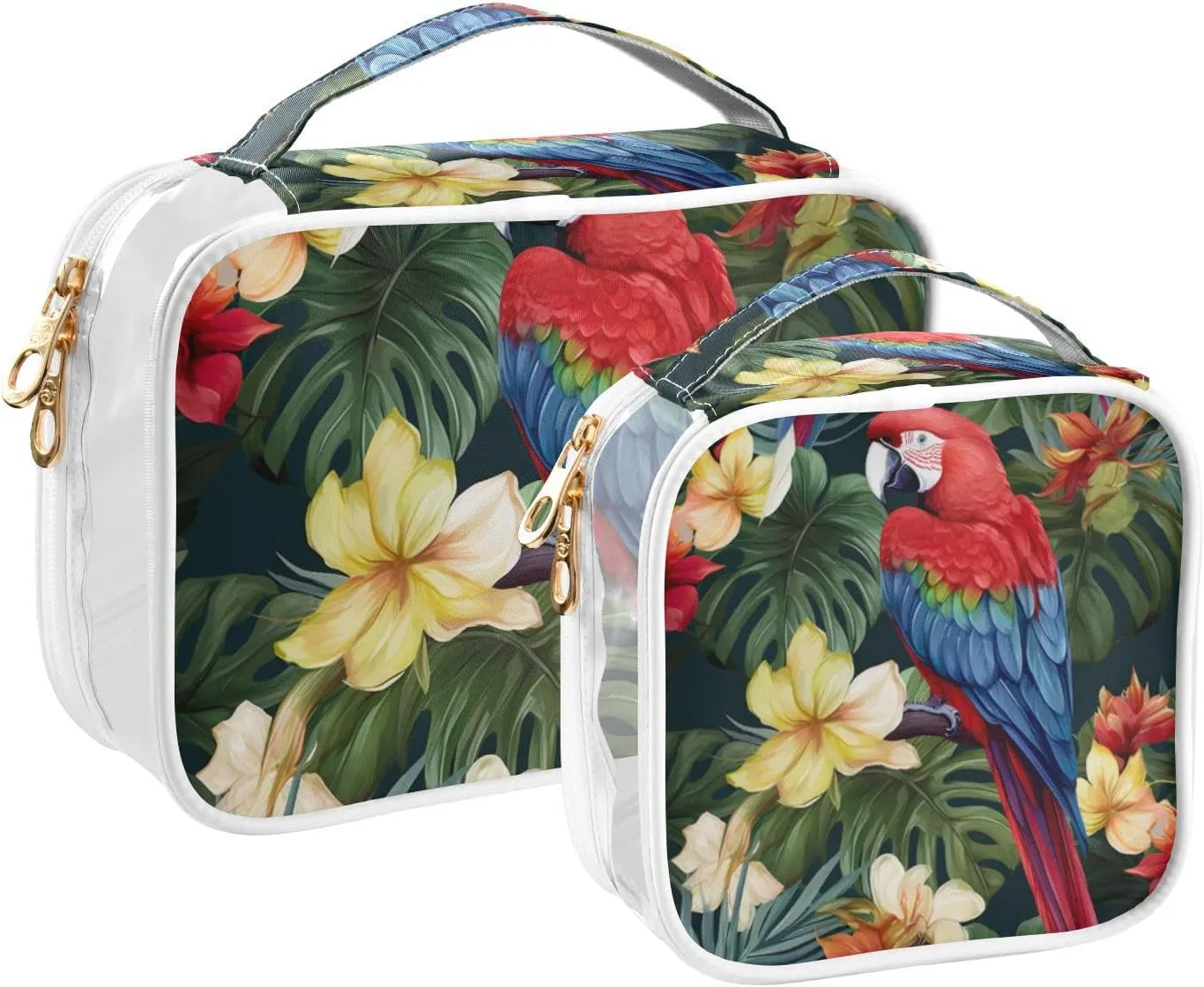 GAIGEO Macaws and Birds Tropical Flowers Clear Makeup Bag Set, Tsa Approved Travel Toiletry Bag, Cosmetic Travel Accessories, 2 Pack