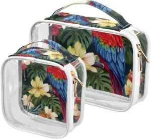 GAIGEO Macaws and Birds Tropical Flowers Clear Makeup Bag Set, Tsa Approved Travel Toiletry Bag, Cosmetic Travel Accessories, 2 Pack