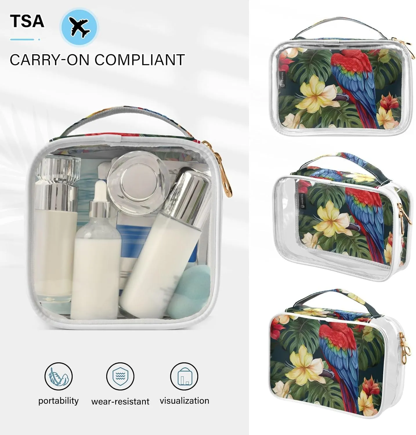 GAIGEO Macaws and Birds Tropical Flowers Clear Makeup Bag Set, Tsa Approved Travel Toiletry Bag, Cosmetic Travel Accessories, 2 Pack