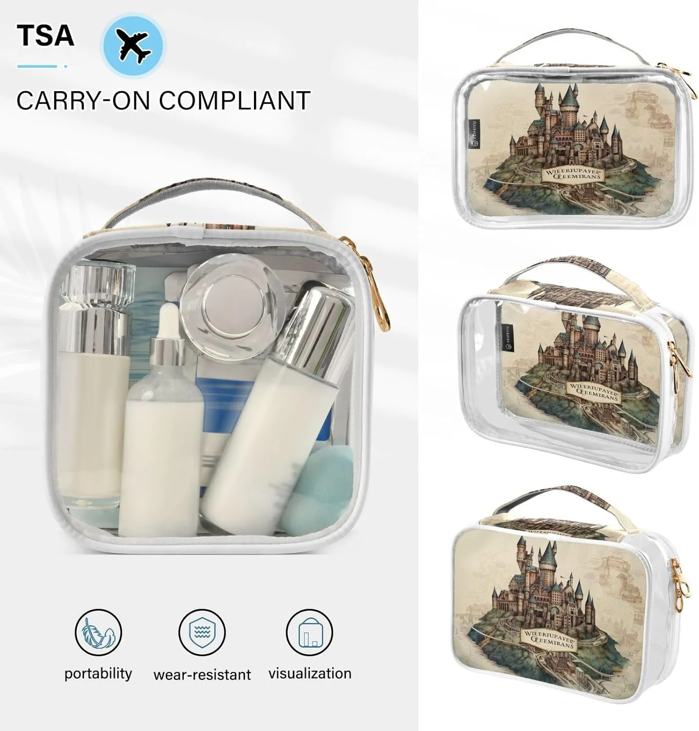 GAIGEO Map of the Tower and Palace 2 Pack Clear Toiletry Bag Set, Clear Makeup Bag Traveling, Clear Toiletries Bag for Travel