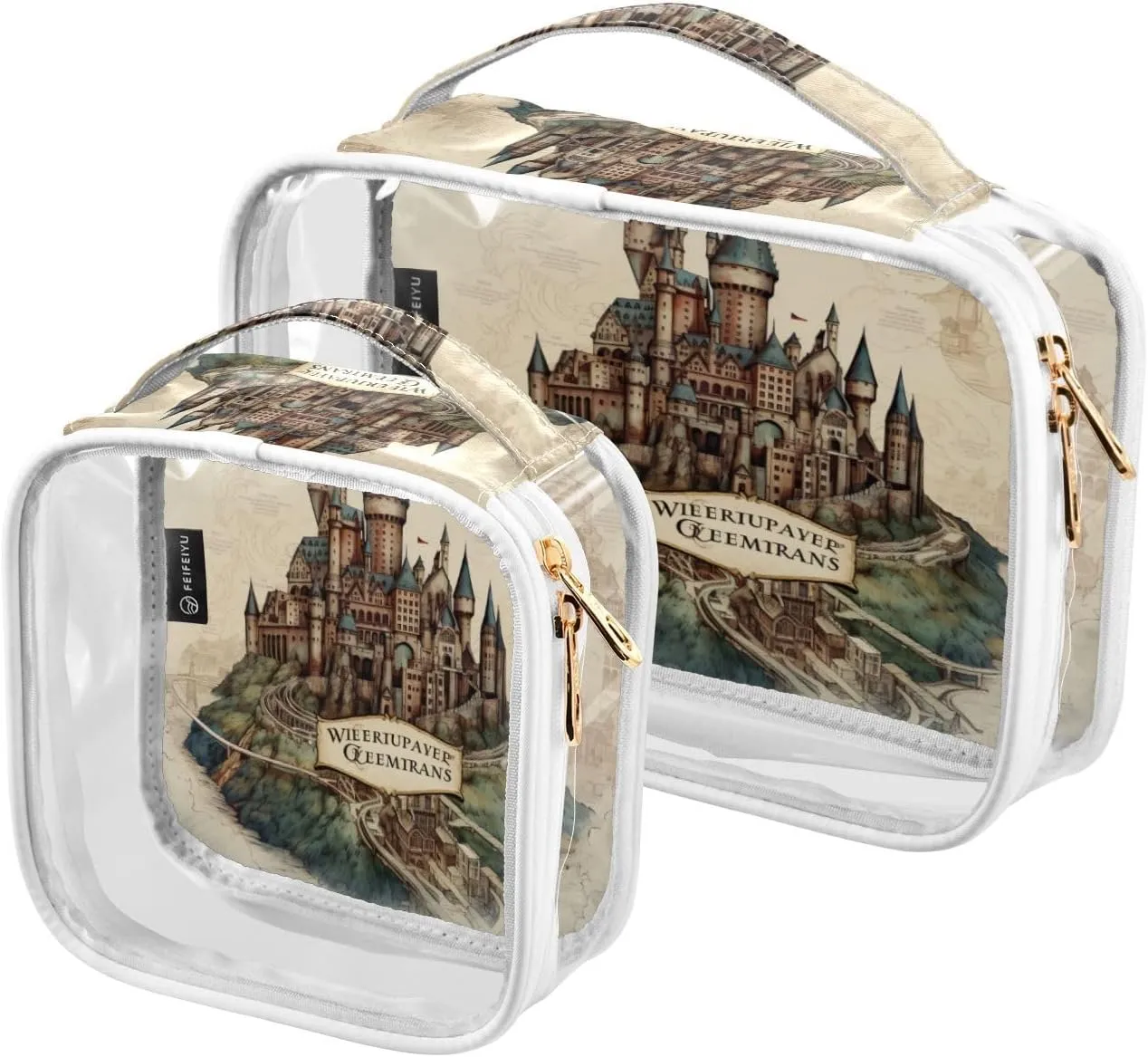 GAIGEO Map of the Tower and Palace 2 Pack Clear Toiletry Bag Set, Clear Makeup Bag Traveling, Clear Toiletries Bag for Travel