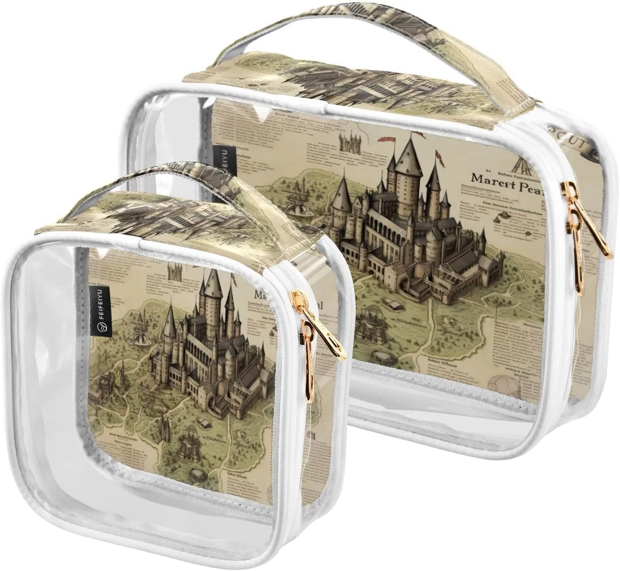 GAIGEO Masterful Castle Map Clear Vinyl Pouches with Zipper, Clear Toiletry Bags for Traveling, Transparent Makeup Bags for Women, 2 Pack