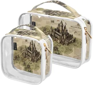 GAIGEO Masterful Castle Map Clear Vinyl Pouches with Zipper, Clear Toiletry Bags for Traveling, Transparent Makeup Bags for Women, 2 Pack