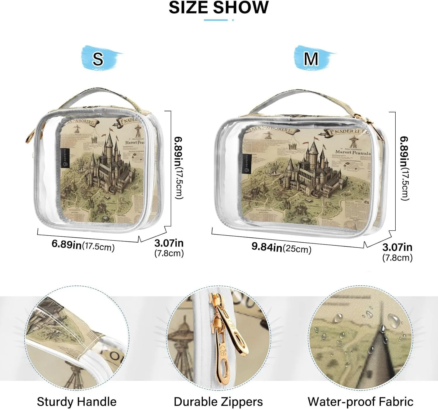 GAIGEO Masterful Castle Map Clear Vinyl Pouches with Zipper, Clear Toiletry Bags for Traveling, Transparent Makeup Bags for Women, 2 Pack
