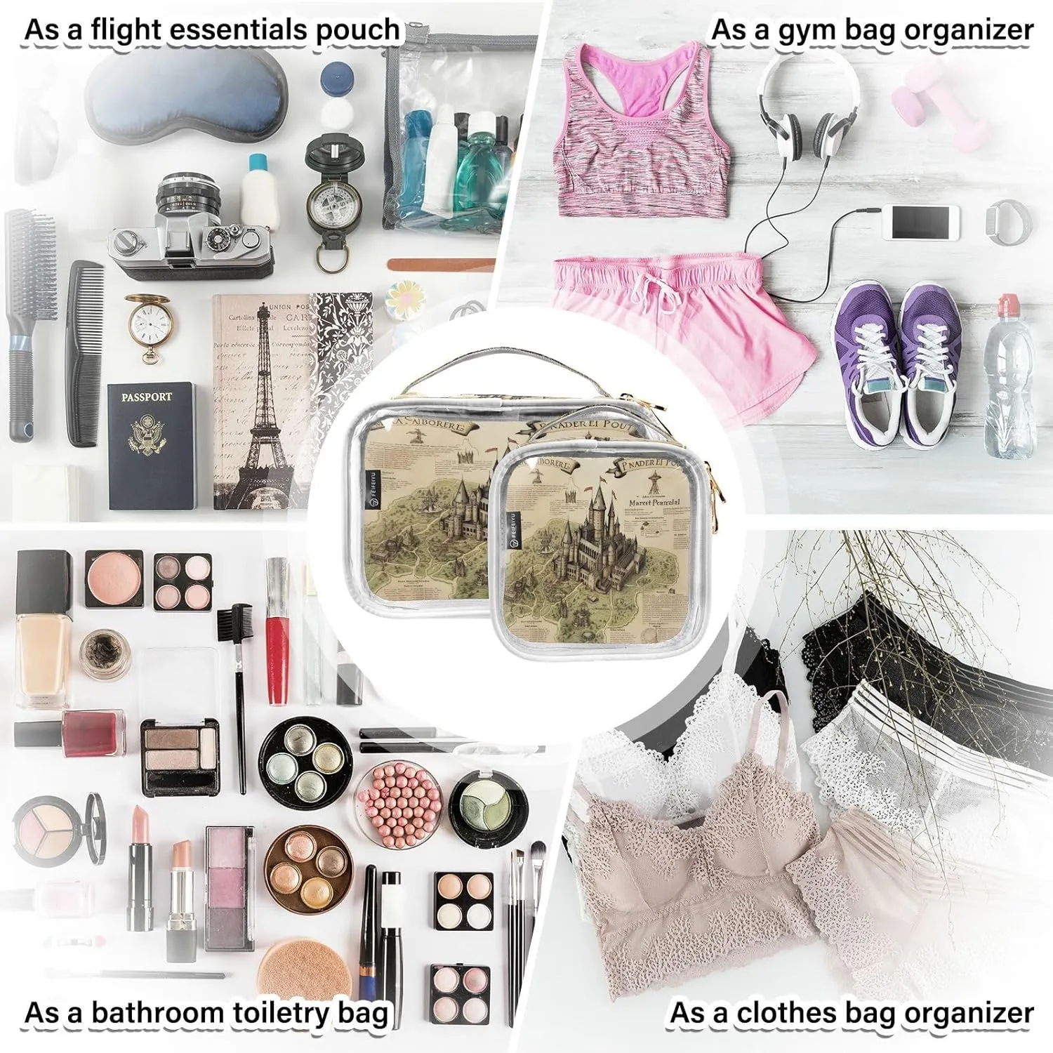 GAIGEO Masterful Castle Map Clear Vinyl Pouches with Zipper, Clear Toiletry Bags for Traveling, Transparent Makeup Bags for Women, 2 Pack