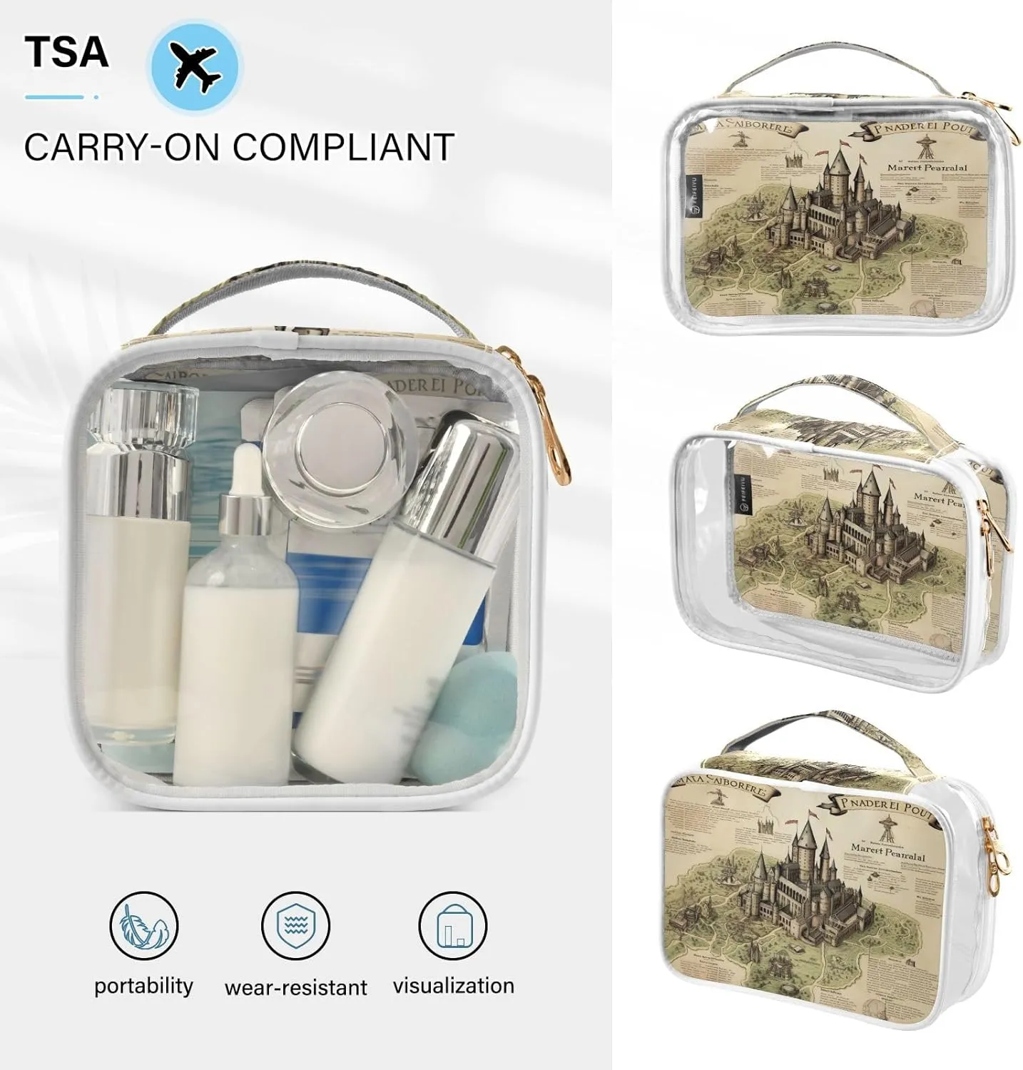 GAIGEO Masterful Castle Map Clear Vinyl Pouches with Zipper, Clear Toiletry Bags for Traveling, Transparent Makeup Bags for Women, 2 Pack