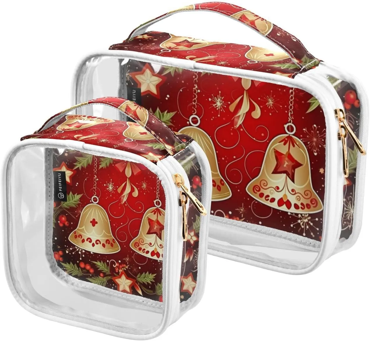 GAIGEO Merry Christmas with Bells and Baubles Clear Cosmetic Bag Set, Transparent Zipper Bag, Travel Accessories Bags, 2 Pack