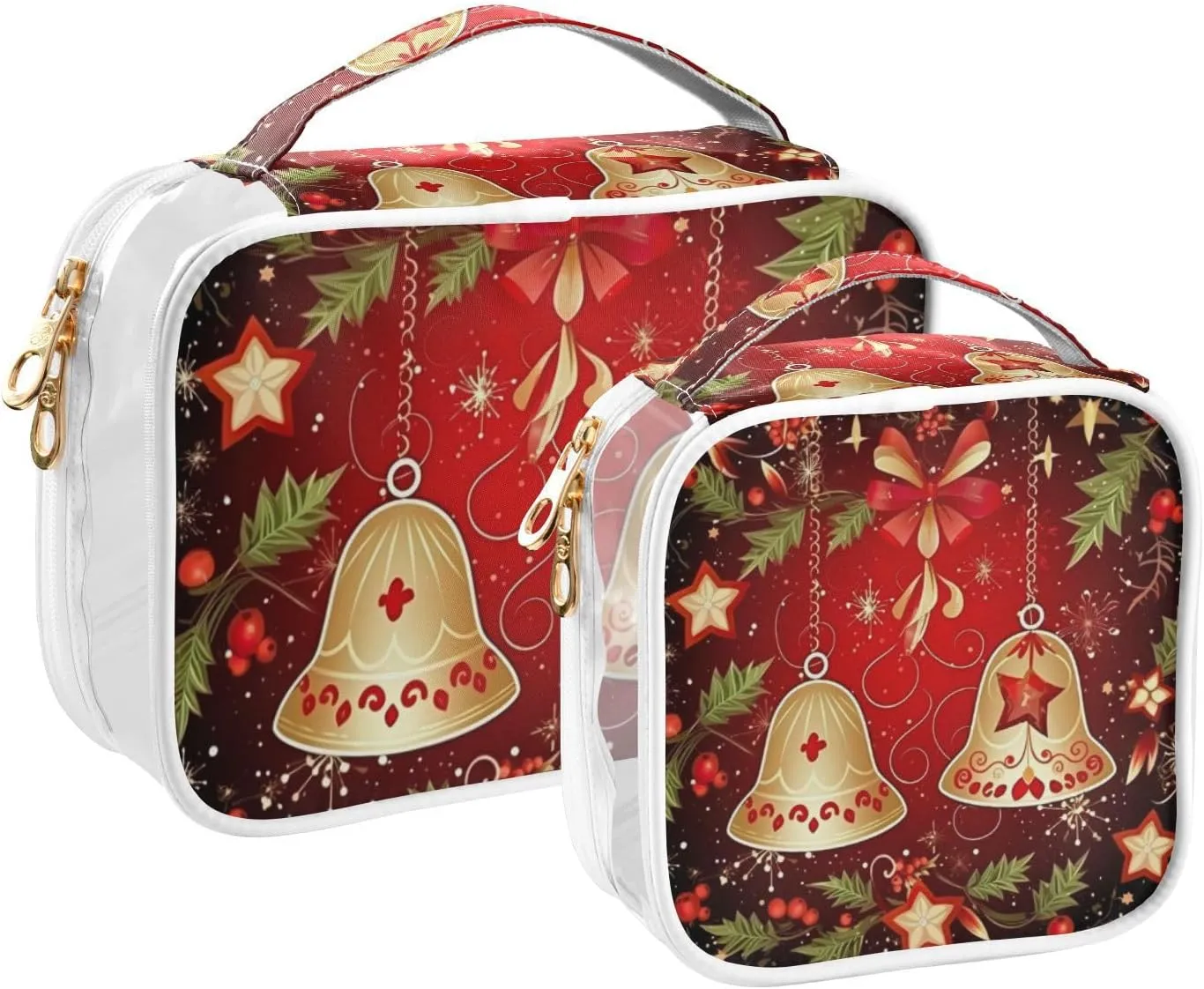 GAIGEO Merry Christmas with Bells and Baubles Clear Cosmetic Bag Set, Transparent Zipper Bag, Travel Accessories Bags, 2 Pack