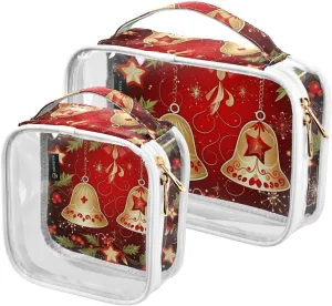 GAIGEO Merry Christmas with Bells and Baubles Clear Cosmetic Bag Set, Transparent Zipper Bag, Travel Accessories Bags, 2 Pack