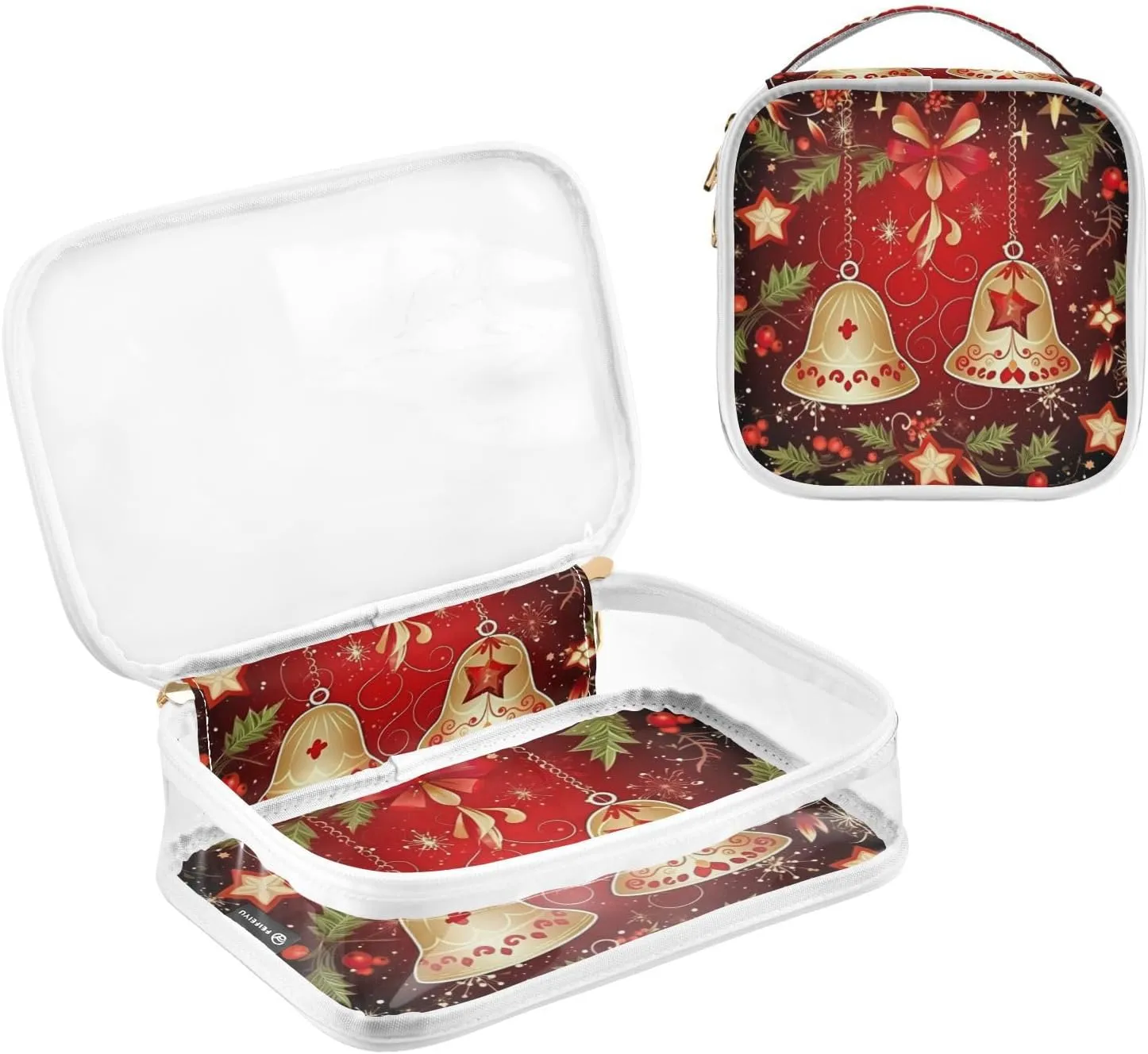GAIGEO Merry Christmas with Bells and Baubles Clear Cosmetic Bag Set, Transparent Zipper Bag, Travel Accessories Bags, 2 Pack