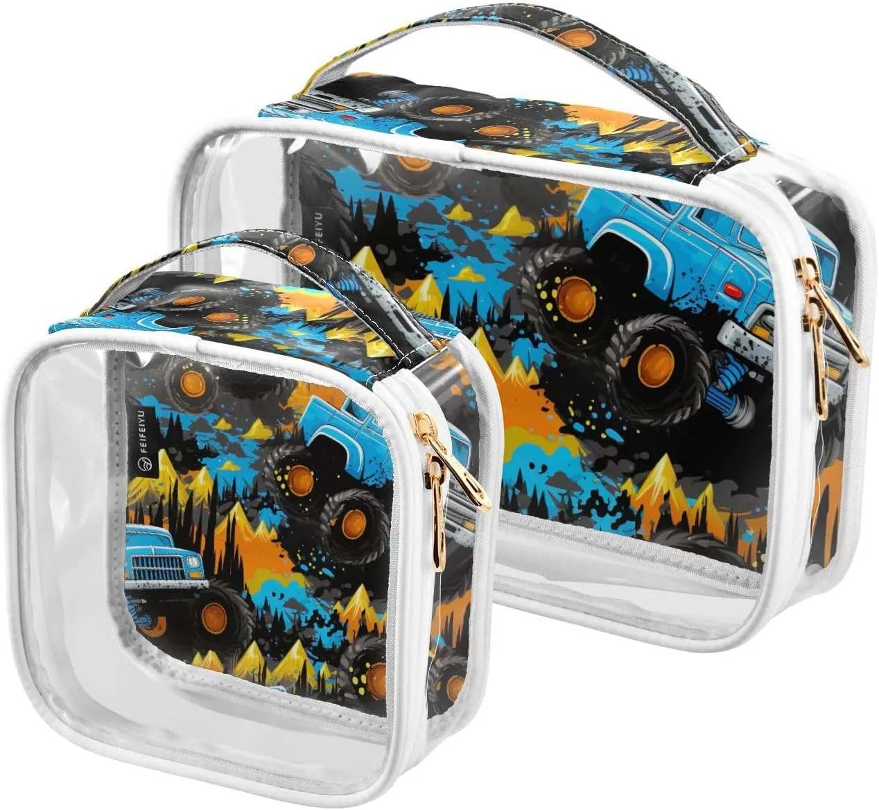 GAIGEO Monster Trucks Portable Cosmetic Bag with Handle, Toiletry Bag for Car, Women's Toiletry Bag, 2 Pack