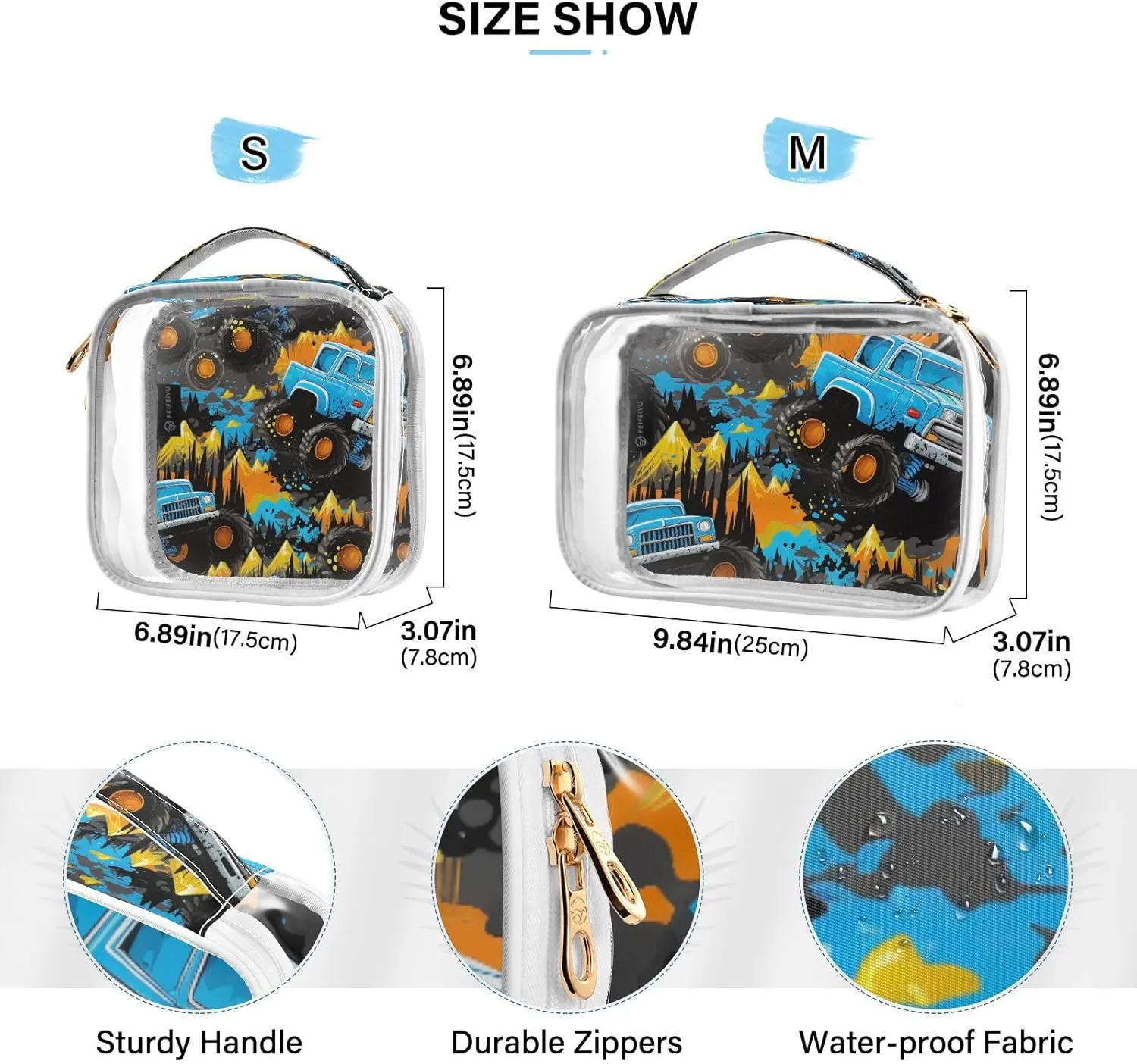 GAIGEO Monster Trucks Portable Cosmetic Bag with Handle, Toiletry Bag for Car, Women's Toiletry Bag, 2 Pack