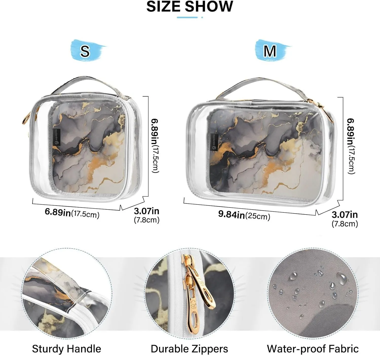 GAIGEO Painting Covered in White and Gold Paint Travel Transparent Bag, Clear Liquid Travel Bag Tsa Approved, Travel Accessories Bags, 2 Pack