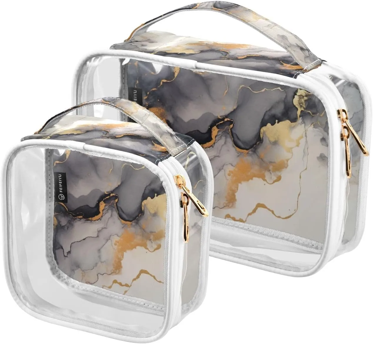 GAIGEO Painting Covered in White and Gold Paint Travel Transparent Bag, Clear Liquid Travel Bag Tsa Approved, Travel Accessories Bags, 2 Pack