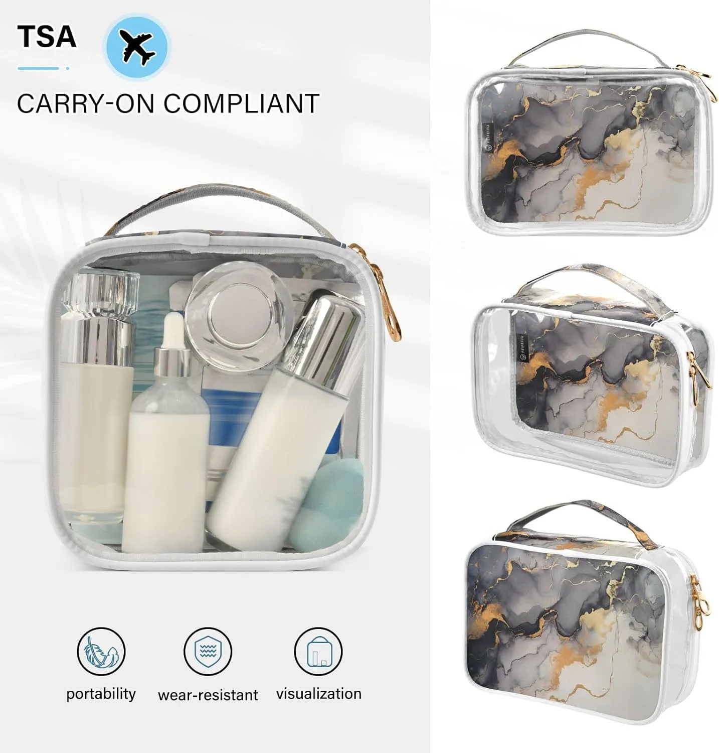 GAIGEO Painting Covered in White and Gold Paint Travel Transparent Bag, Clear Liquid Travel Bag Tsa Approved, Travel Accessories Bags, 2 Pack