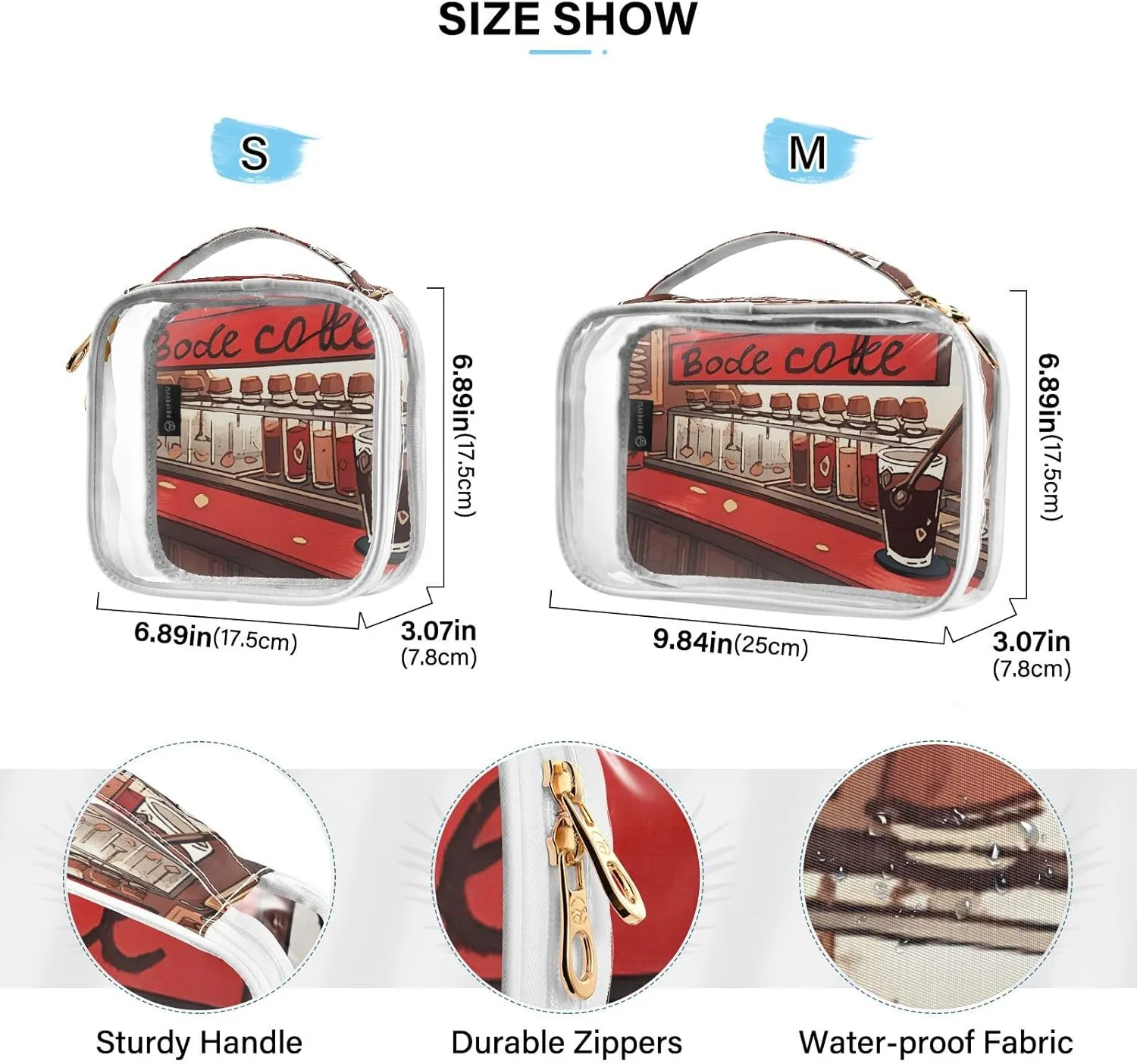 GAIGEO Red Coffee Shop Bar Travel Toiletry Bag Waterproof, Clear Bag for Car, Makeup Travel Bag for Women, 2 Pack