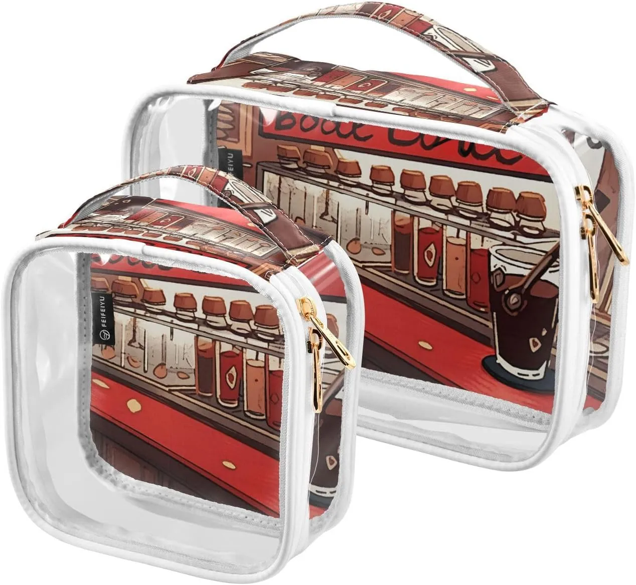 GAIGEO Red Coffee Shop Bar Travel Toiletry Bag Waterproof, Clear Bag for Car, Makeup Travel Bag for Women, 2 Pack