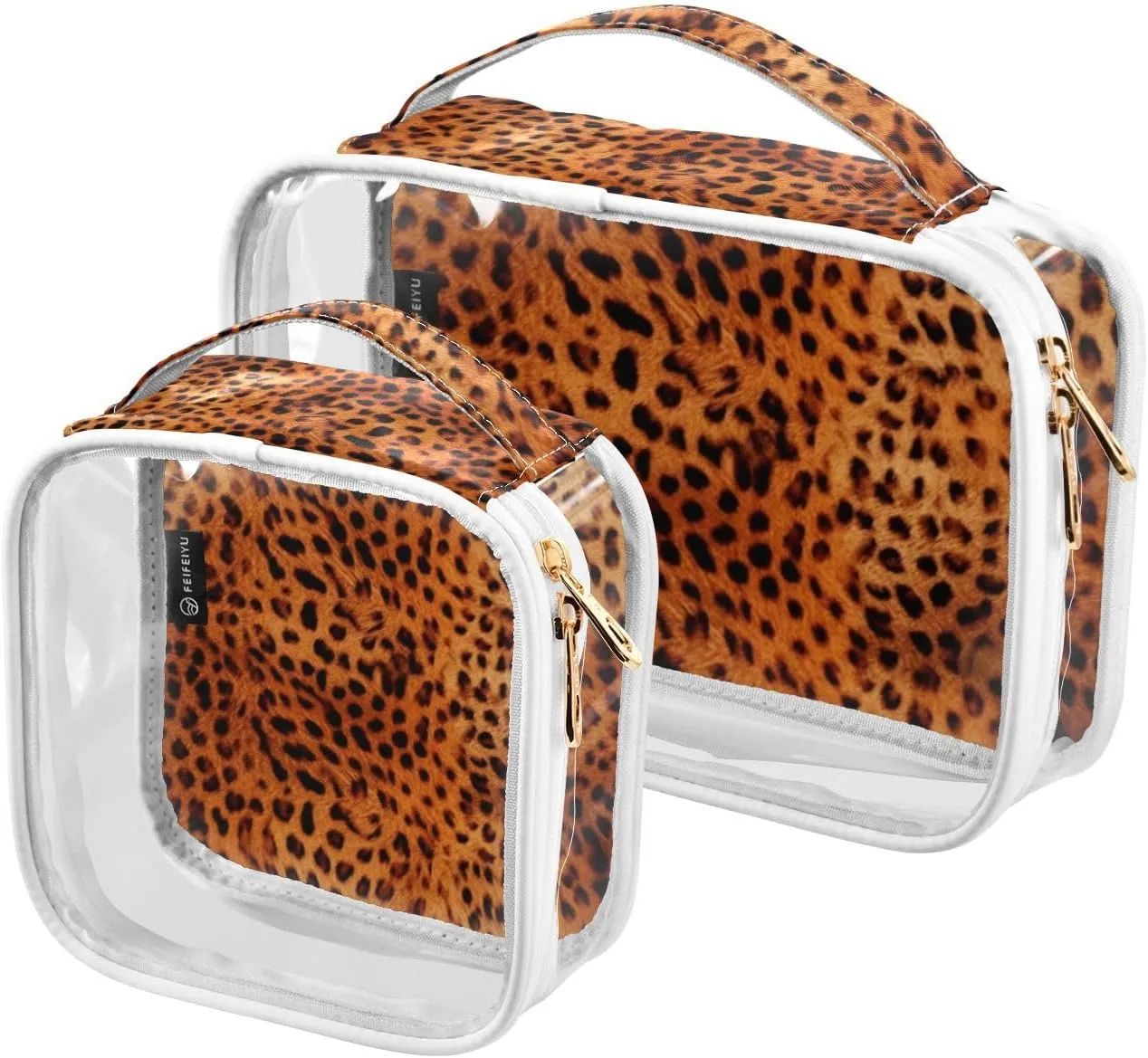 GAIGEO Reddish Brown Leopard Leather Clear Toiletry Bag Set, Clear Quart Size Travel Bag, Cosmetic Travel Accessories, 2 Pack